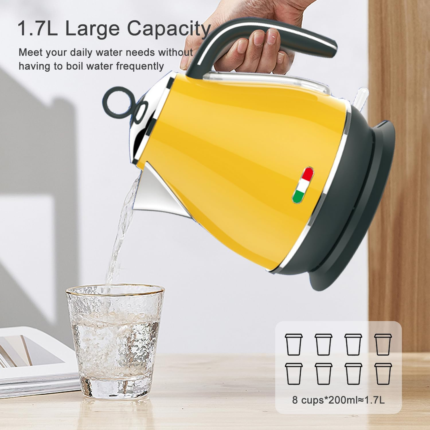 Vintage Electric Kettle Yellow 1.7L Stainless Steel Auto off 2200W image number 5
