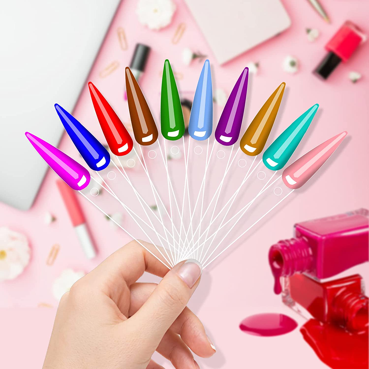 BNG Stiletto Nail Colour Display Sticks 80X Nail Art Tips Pop Sticks Gel Polish Practice Sample Nail Pops Salon Color Card Chart, Fan-Shaped Transparent Colors Wheel with Ring Holder Detachable image number 3