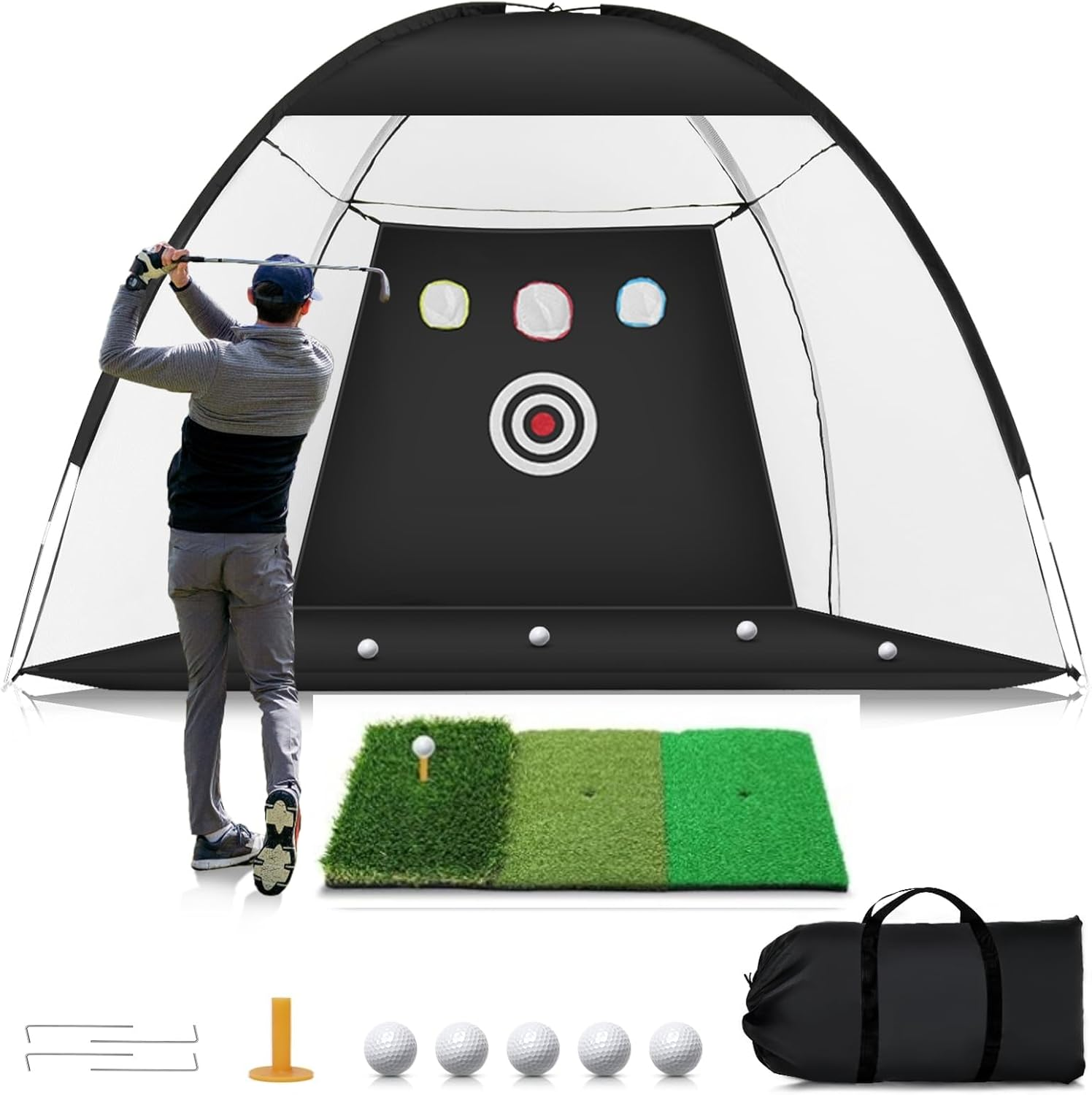 Golf Net, 10X7Ft Golf Practice Net with Tri-Turf Golf Mat, All in 1 Home Golf Hitting Aid Nets for Backyard Driving Chipping Swing Training with Target/Mat/Balls/Tee/Golf Lovers image number 2