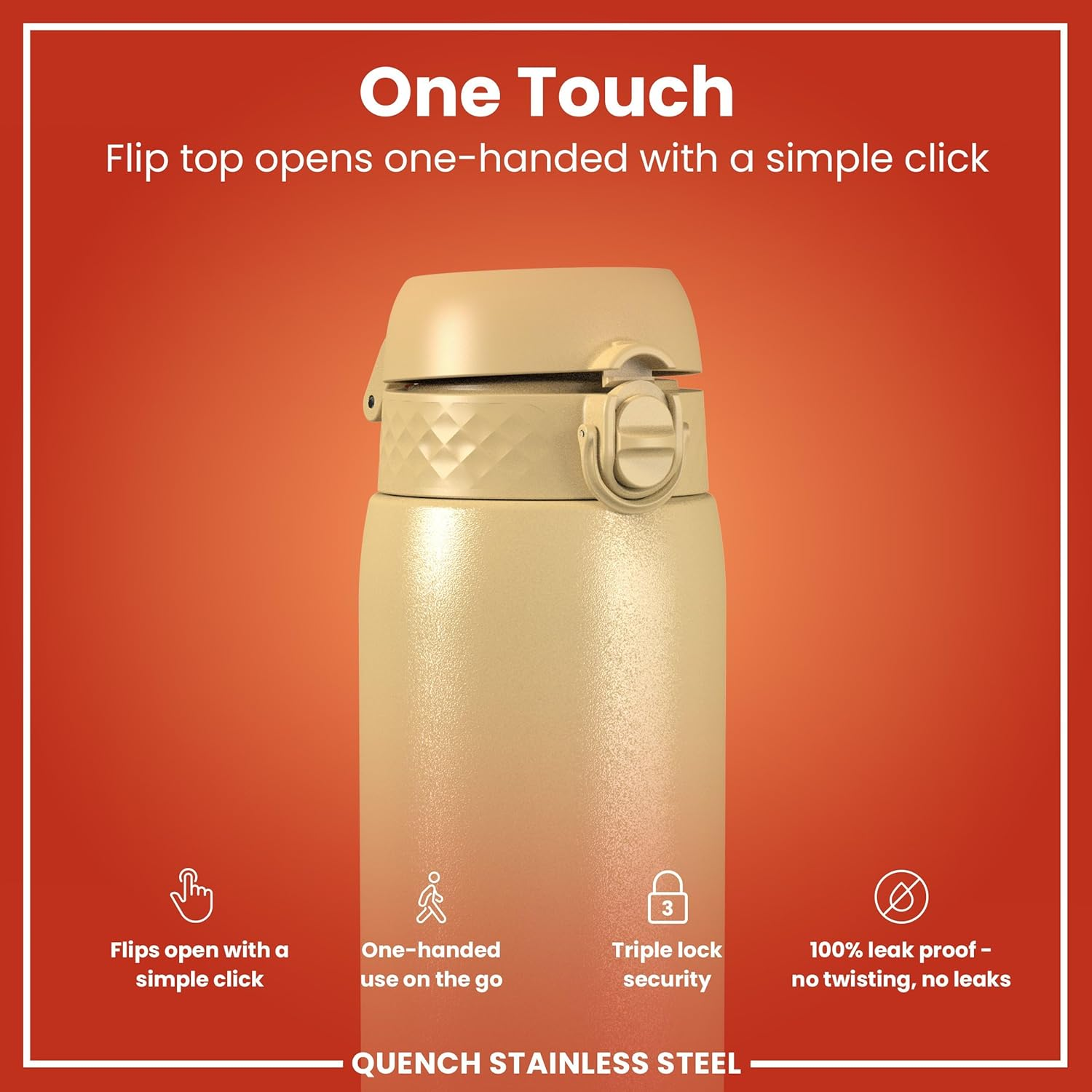 ION8 1 Litre Lightweight Stainless Steel Drinking Bottle, Non-Insulated, Leak-Proof, One-Hand Opening, Secure Locking, Dishwasher Safe, Flip Lid, Carry Handle, Easy to Clean, Desert - Cream White image number 7