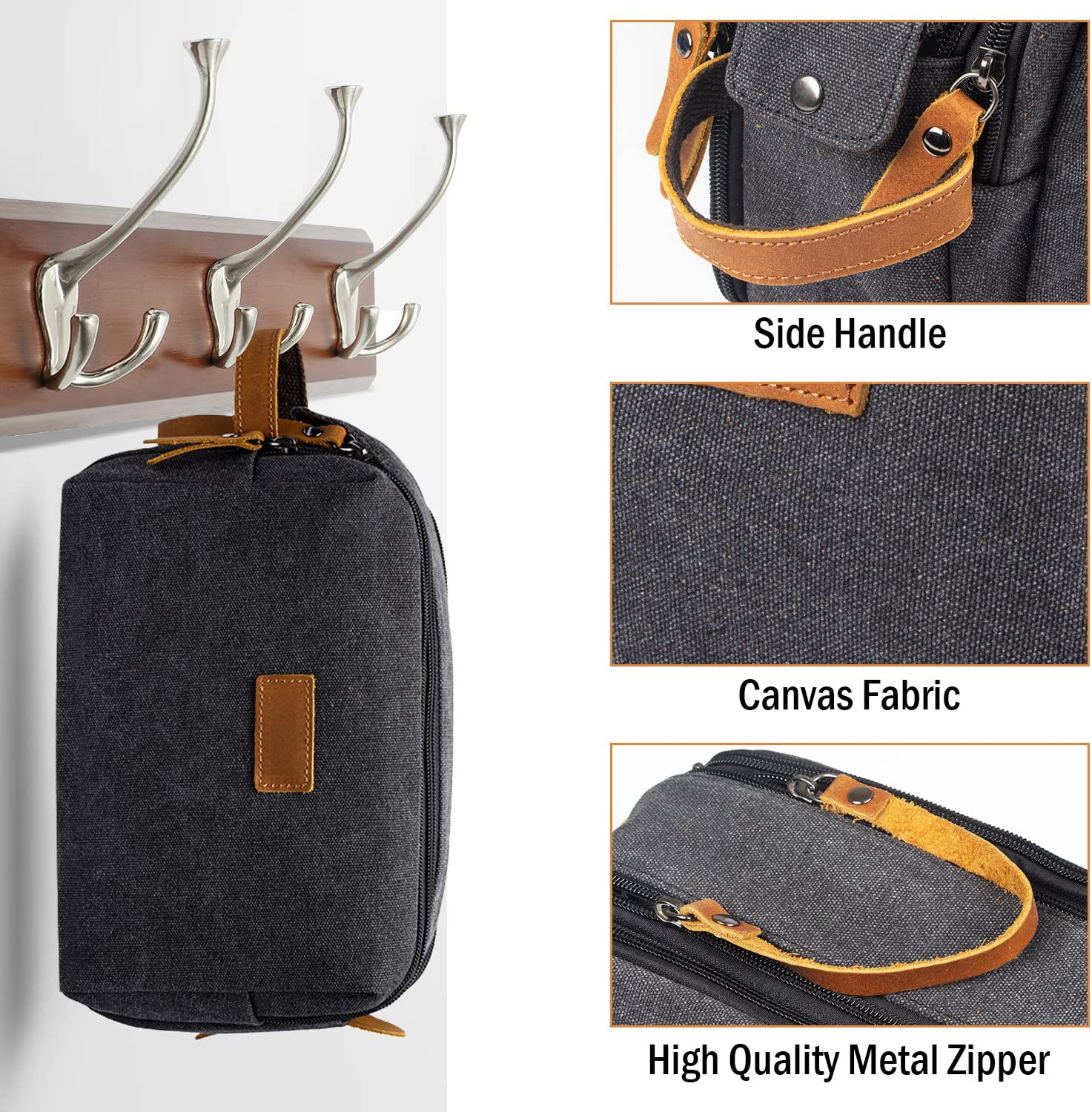 INONIX Men'S Toiletry Bag, Leather and Canvas Travel Toiletry Organizer Bag with Large Capacity, Dopp Kit for Men, Travel Bathroom Bag, Water-Resistant Shaving Bag for Toiletries Accessories image number 5