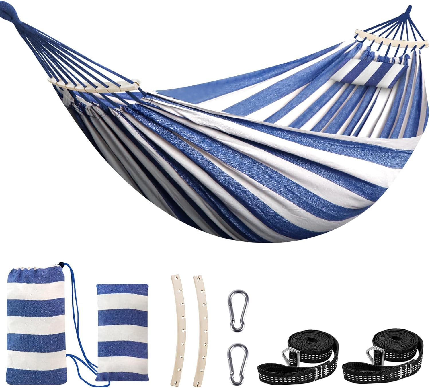 Chihee Cotton Hammock Large Soft Breathable Camping Hammock Holds up to 660Lbs Portable Tree Hammock with Detachable Spreader Bar Pillow 2 Strong Webbings 2 Carabiners Patio Garden Indoor Outdoor