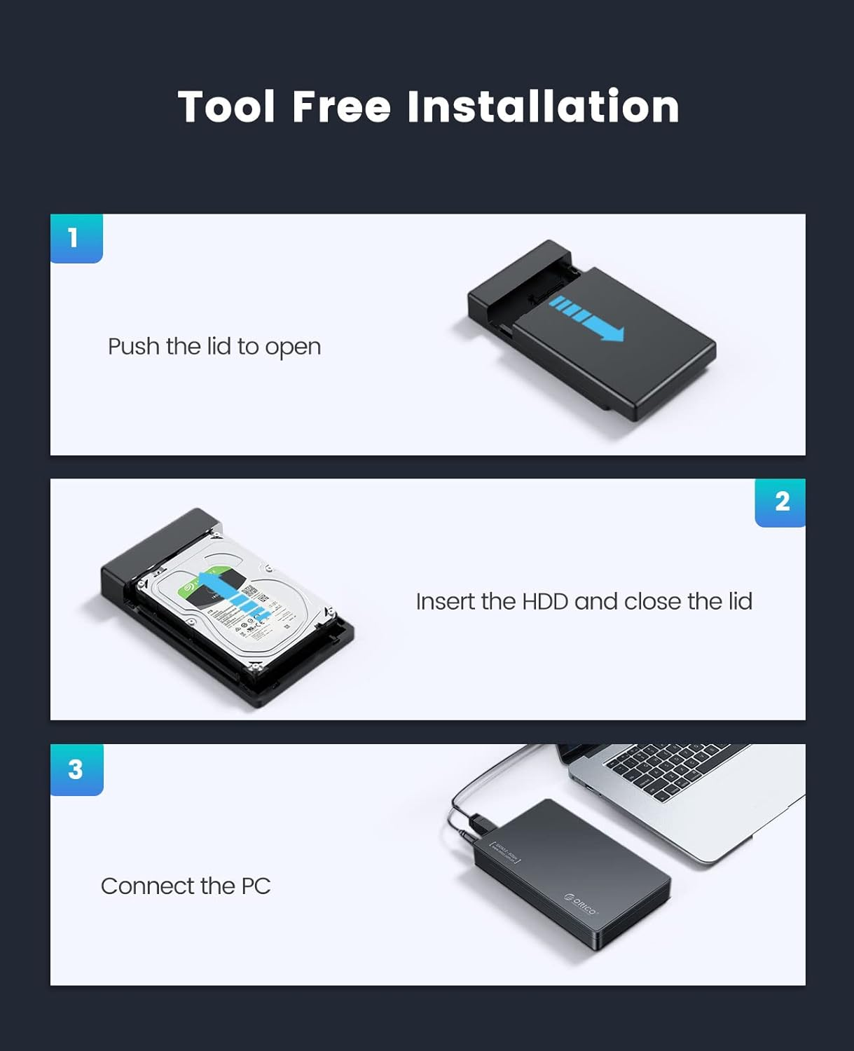 ORICO USB 3.0 External Hard Drive Enclosure for 3.5/2.5 Inch SATA Hard Drives/Ssd up to 20 TB, 3.5'' Tool-Free HDD Enclosure with 12V/2A Power Supply and UASP Acceleration (3588US3) image number 3