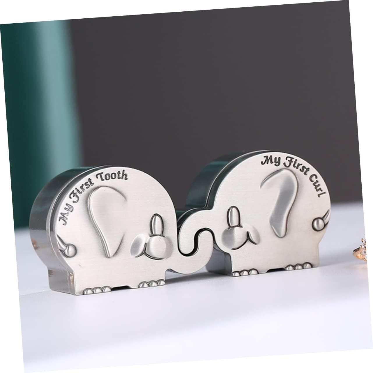 Yardwe Elephant Shape My First Curl and Tooth Keepsake Box for Newborns, Small Silver Metal Baby Hair and Tooth Storage Organizer, Newborn Memory Collection image number 6