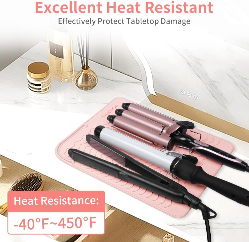 Oversize Large Silicone Heat Resistant Mat, 13.19" X 10.24" Professional Heat Mat for Curling Iron, Portable Vanity Decor Makeup Mat with Velcro Cover for Travel Vanity Salon (Pink)