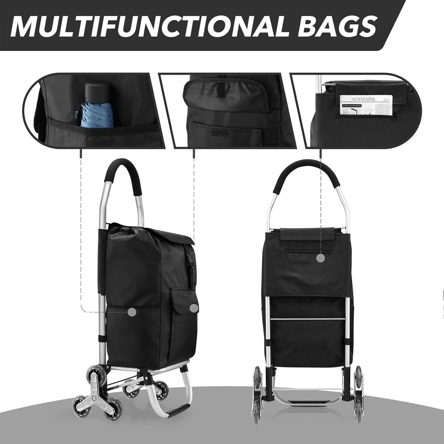 Folding Shopping Trolley with Stair Climbing Wheels Shopping Cart Aluminium Waterproof Foldable Grocery Cart Market Shopping Bag Utility Cart 45L image number 4