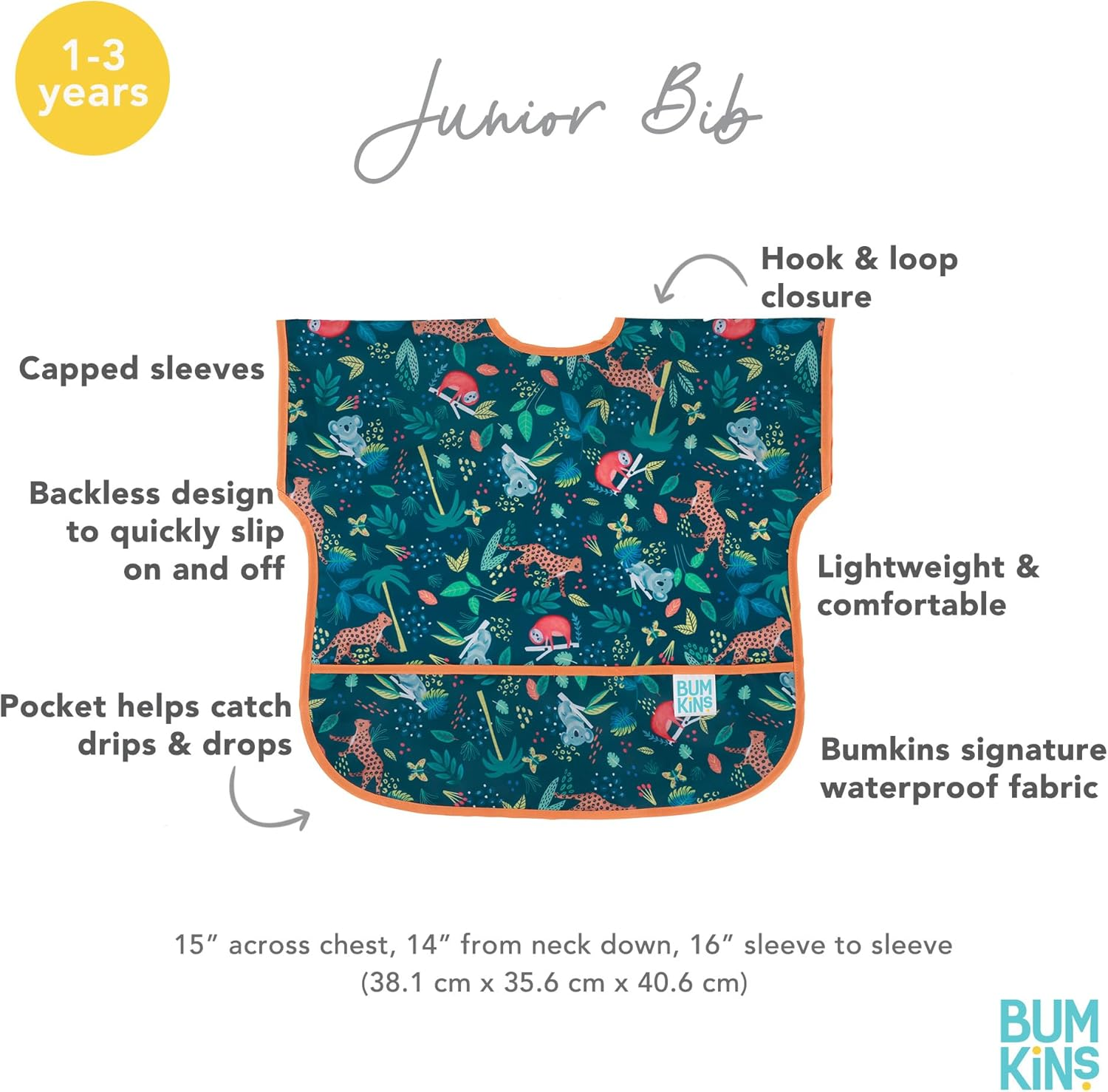 Bumkins Junior Bib, Short Sleeve Toddler Bib, Smock for Kids 1-3 Years, Waterproof Fabric &ndash; Jungle, 15X16 Inch (Pack of 1) image number 5