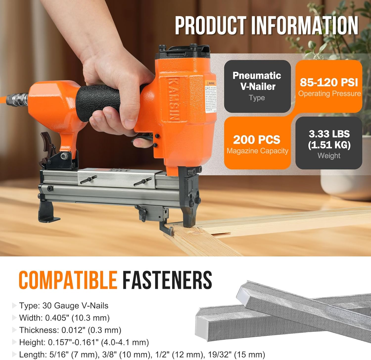 KAMSIN V1015 Pneumatic Picture Frame V Nailer, Fits 5/16'' to 19/32'' (7 to 15 Mm) V Nails, 30 Gauge Air-Powered Frame Joiner for Picture Framing image number 2