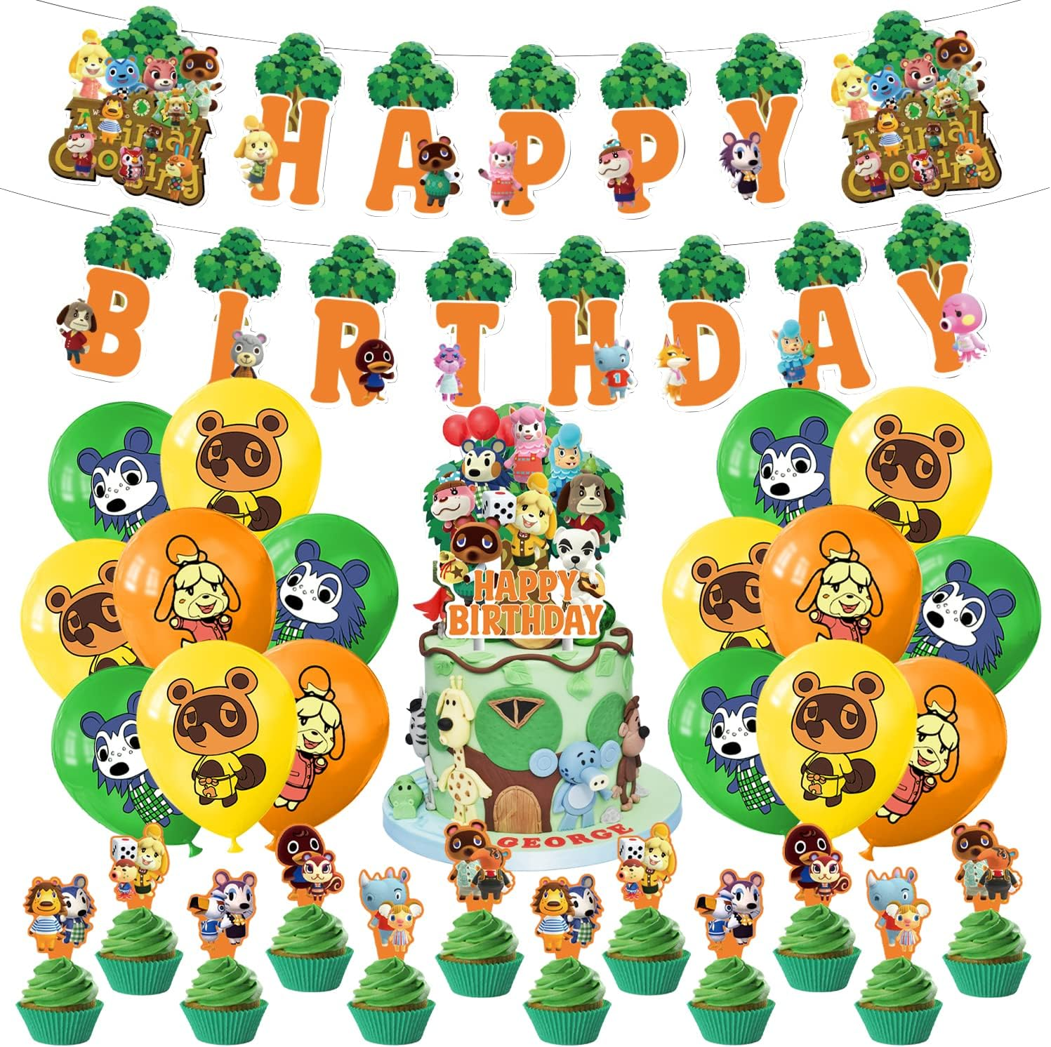 Animal Crossing Birthday Decoration, 32 Pieces, Animal New Horizons Birthday Balloons, Animal New Horizons Theme Birthday Banner, Animal Crossing Cake Topper, for Children'S Birthday Decoration image number 3