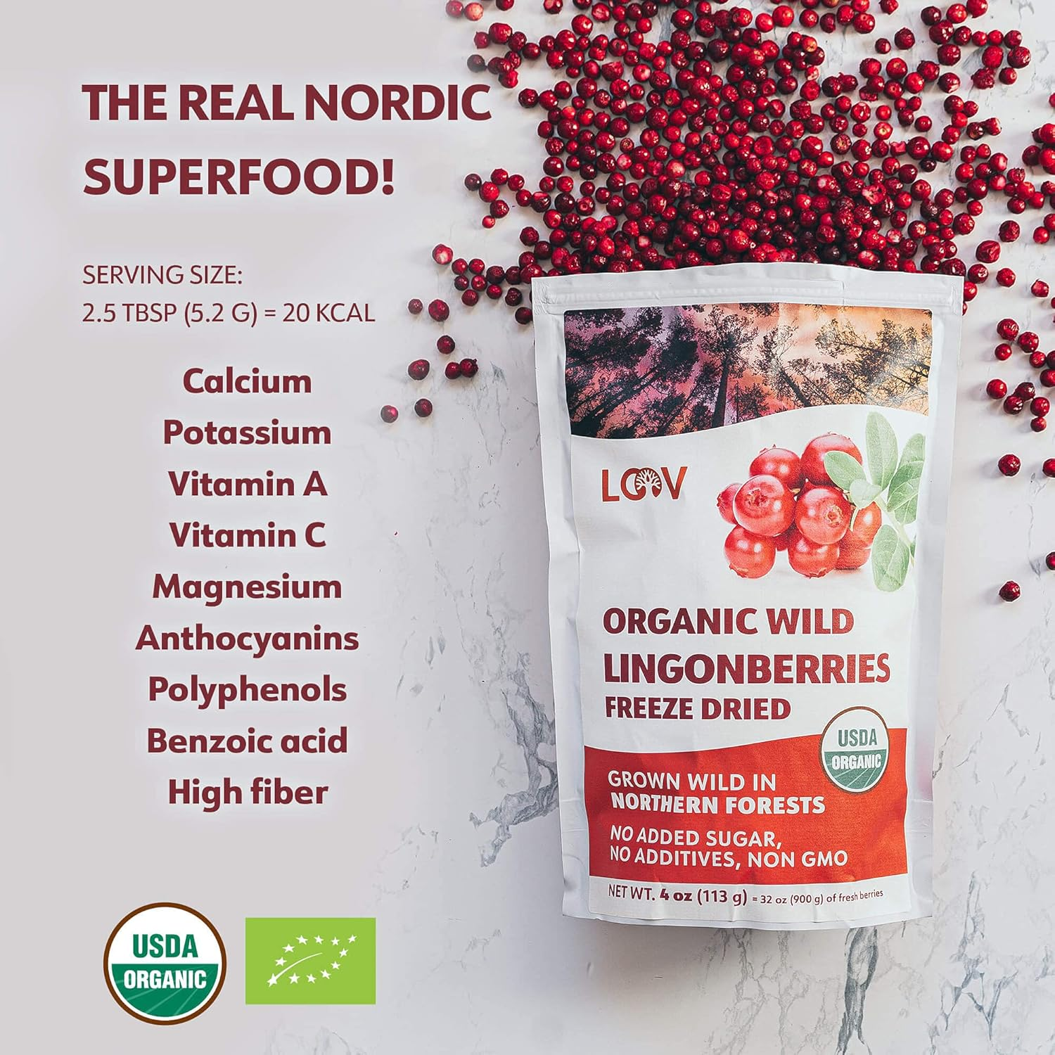 LOOV Freeze Dried Organic Wild Lingonberries, No Sugar Added, 100% Dried Whole Fruit Lingonberries, Wild-Crafted from Northern European Forests, 113 G, 23-Day Supply, Non-Gmo