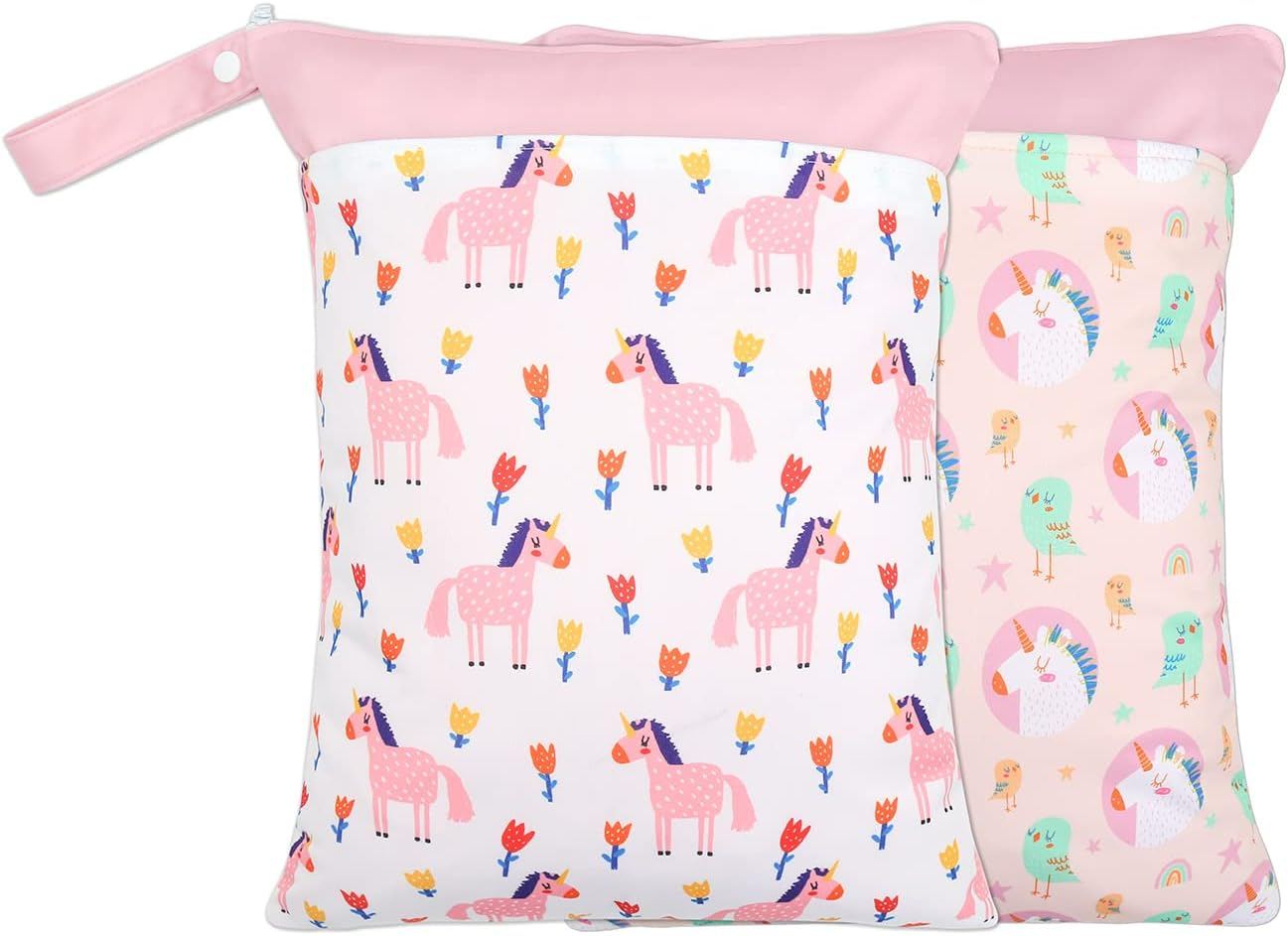 2 Pack Wet Dry Bags for Baby Cloth Diapers&Breast Pump Parts, Waterproof Reusable Wet Bag with Two Zippered Pockets & Handle, Beach Pool Gym Bag Stroller Yoga Toiletries Daycare Organizer for Swimsuit image number 3