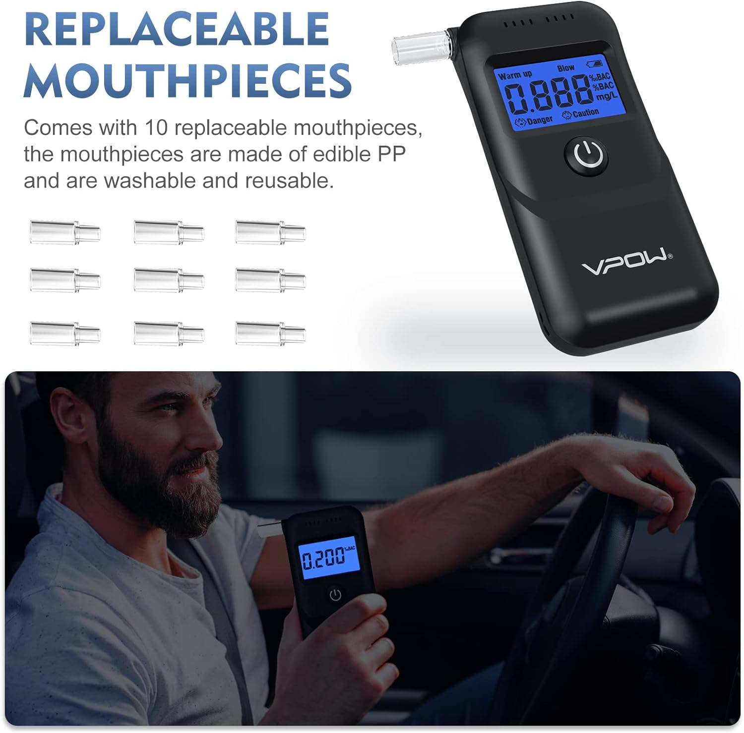 Breathalyzer, VPOW Alcohol Breathalyzer to Test Alcohol with Digital Blue LCD Display, Grade Accuracy Personal Breathalyzers Alcohol Tester for Personal Home Professional Use Blue,1.0 Count image number 6