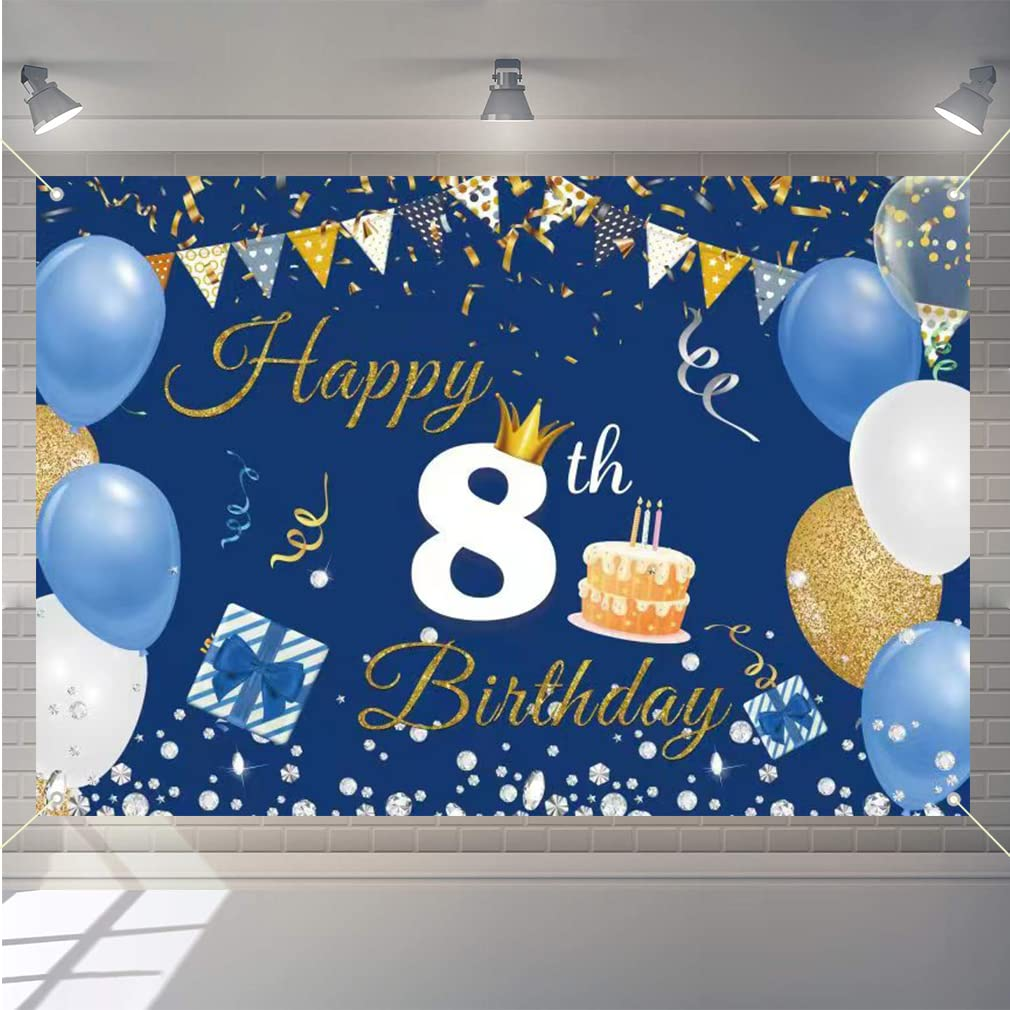 8Th Birthday Decorations for Boy/Girl, 8 Years Old Backdrop Banner Fabric Sign Poster, Happy 8Th Birthday Party Supplies Blue Photography Background Welcome Sign, 150Cm X 90Cm image number 5