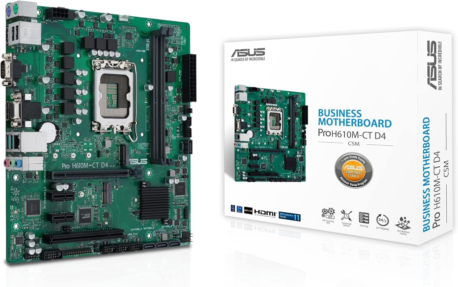 ASUS PRO H610M-C D4-CSM MATX Motherboard, Intel H610, LGA1700, DDR4, PCI 4.0, Intel LAN 1Gb, Realtek 7.1 Surround, 1Xm.2, 4Xsata 6Gb/S, USB 3.2 Gen 1, Asus Control Center Express, Black image number 5