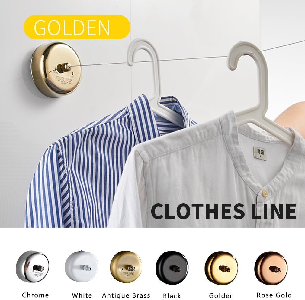 Besy Retractable Clothesline SUS304 Stainless Steel Clothes Dryer with Adjustable Stainless Steel Rope String Hotel Style Heavy Duty,9.2 Feets,Golden Finish, round Style image number 2