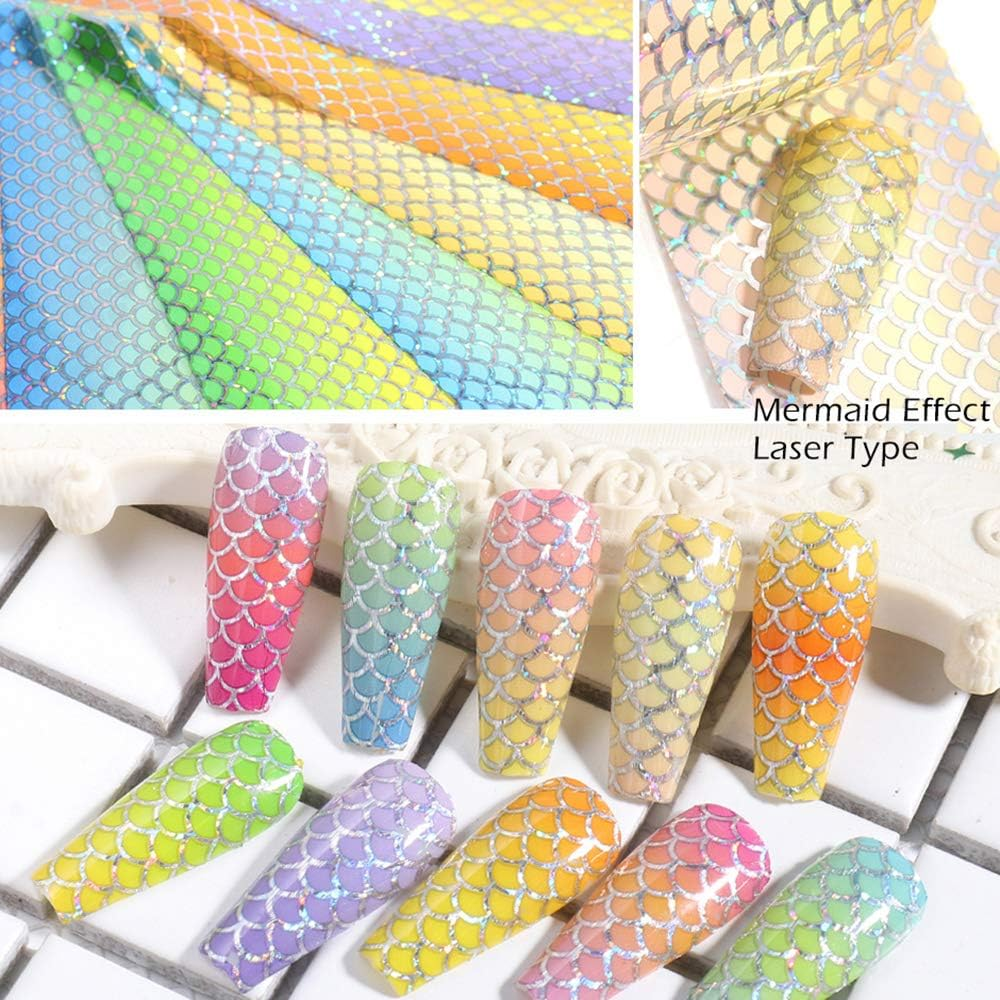 10Rolls Holographic Nail Foil Transfer Stickers Mermaid Laser Foils Nail Art Supplies Starry Paper Designs for Acrylic Decorations Women DIY Nail Arts Manicure Wraps Charms image number 1