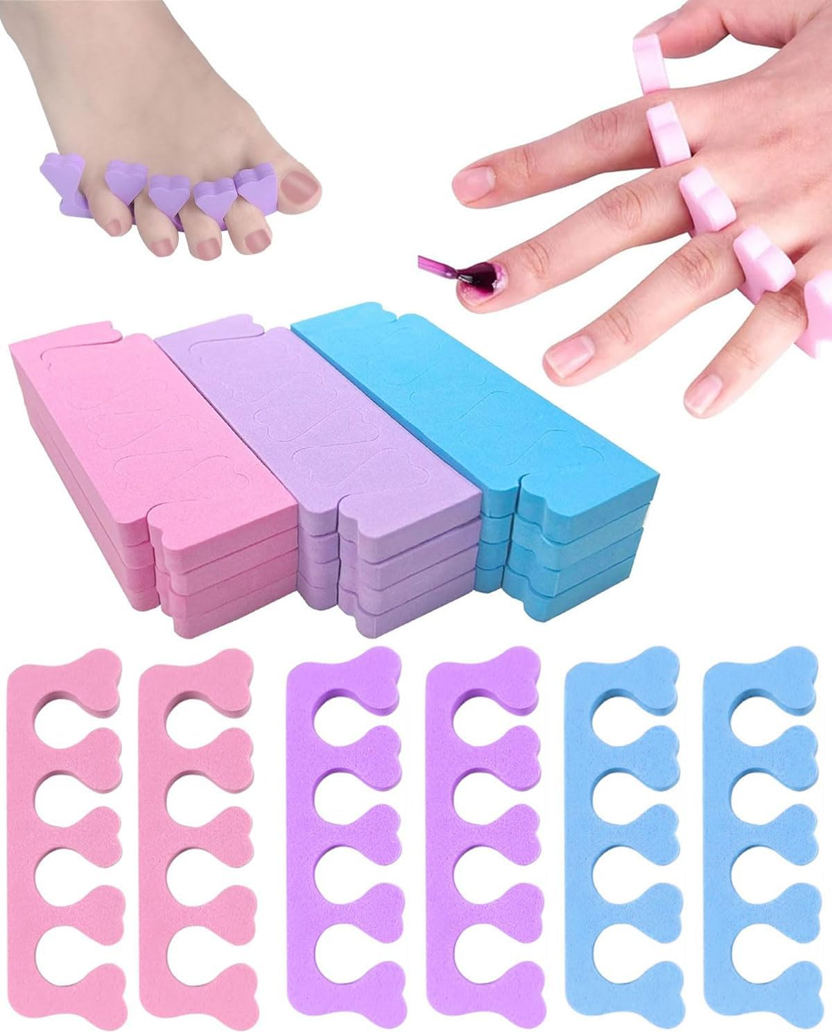 FUGLUS Toe Separator 30 Pieces, Toe Separator & Finger Divider Set with Spacer for Pedicure and Manicure, Toenail Divider Separator Tool (Purple, Pink, Blue) image number 3