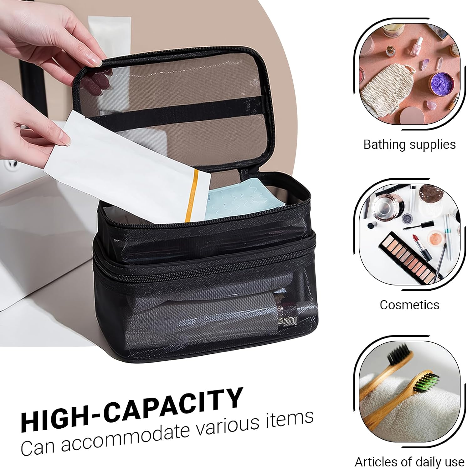 Double Layer Makeup Bag, Mesh Cosmetic Bag with Handle, Double Zipper Beauty Make up Bag, 2 Compartment Toiletries Storage Bag, Portable Travel Cosmetic Case Organizer for Women Girls, Gray image number 2