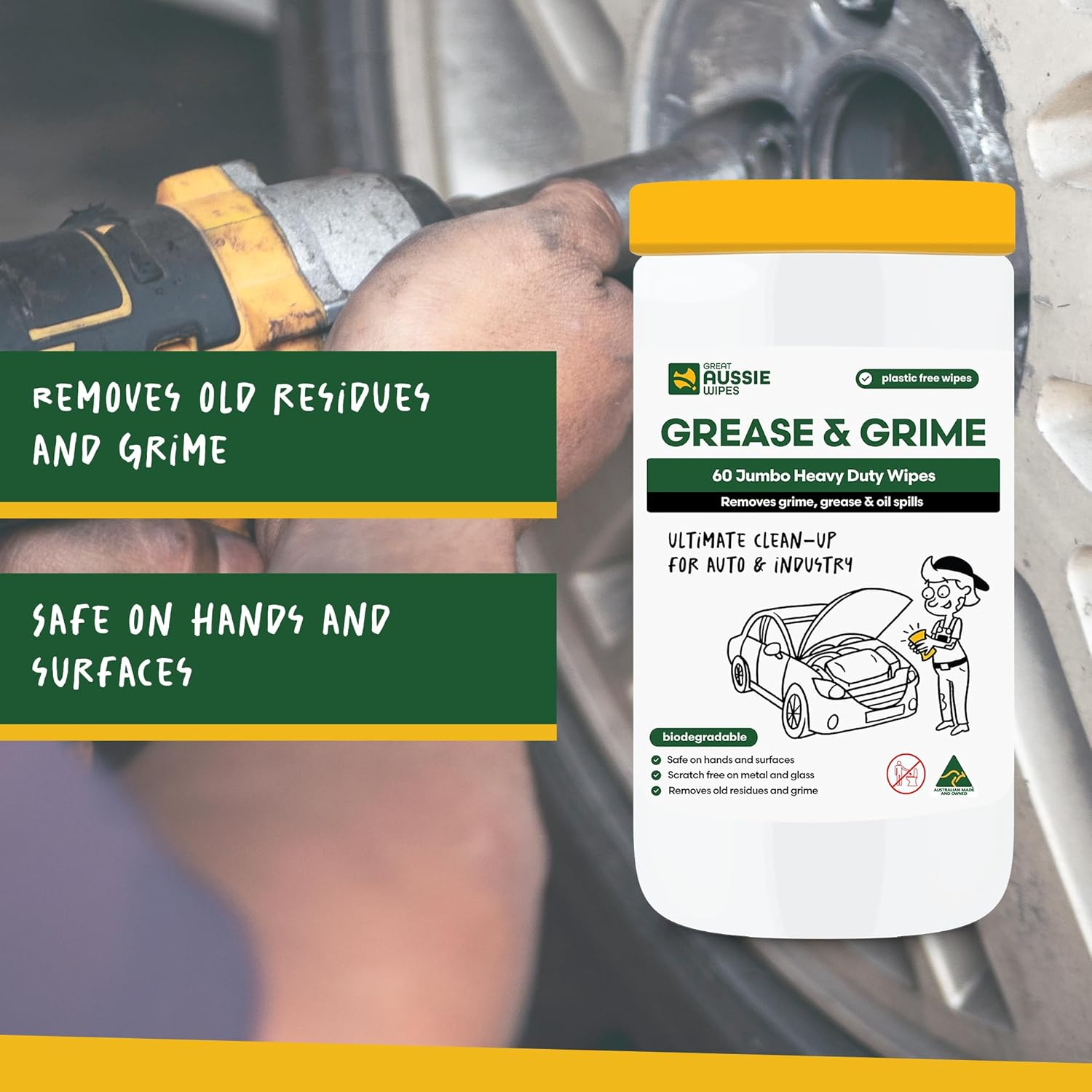 Great Aussie Wipes Grease and Grime Auto 60 Pack - Jumbo Size Textured Sustainable Wet Wipes - Compostable and Plastic-Free Cleaning Wipes image number 3