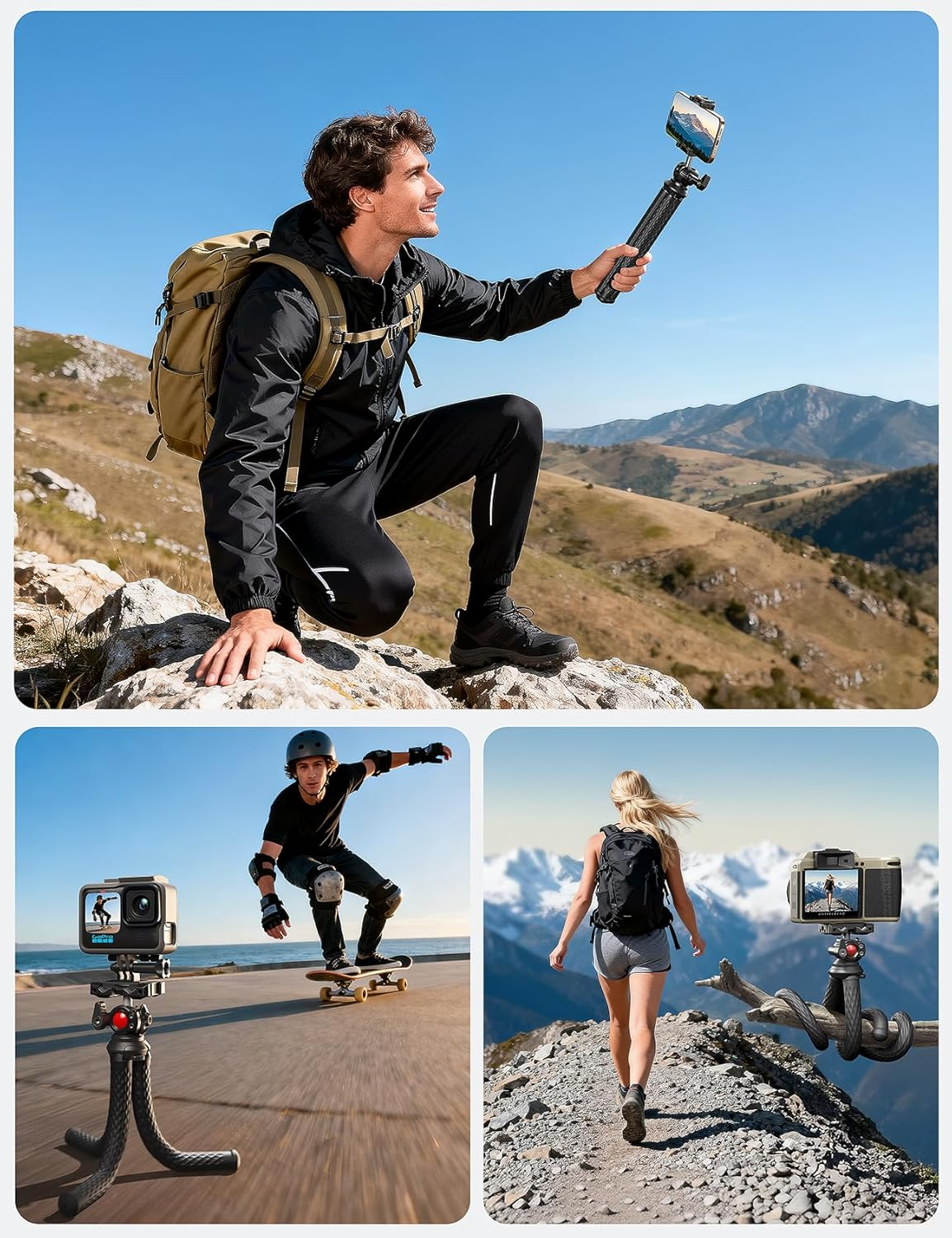 Coolpow Phone Tripod - 3 in 1 Phone Mini Flexible Tripod Stand with Wireless Remote & Action Camera Adapter, Phone Camera Stand for Video Recording Selfie Compatible with Iphone Galaxy Go Pro Camera image number 2