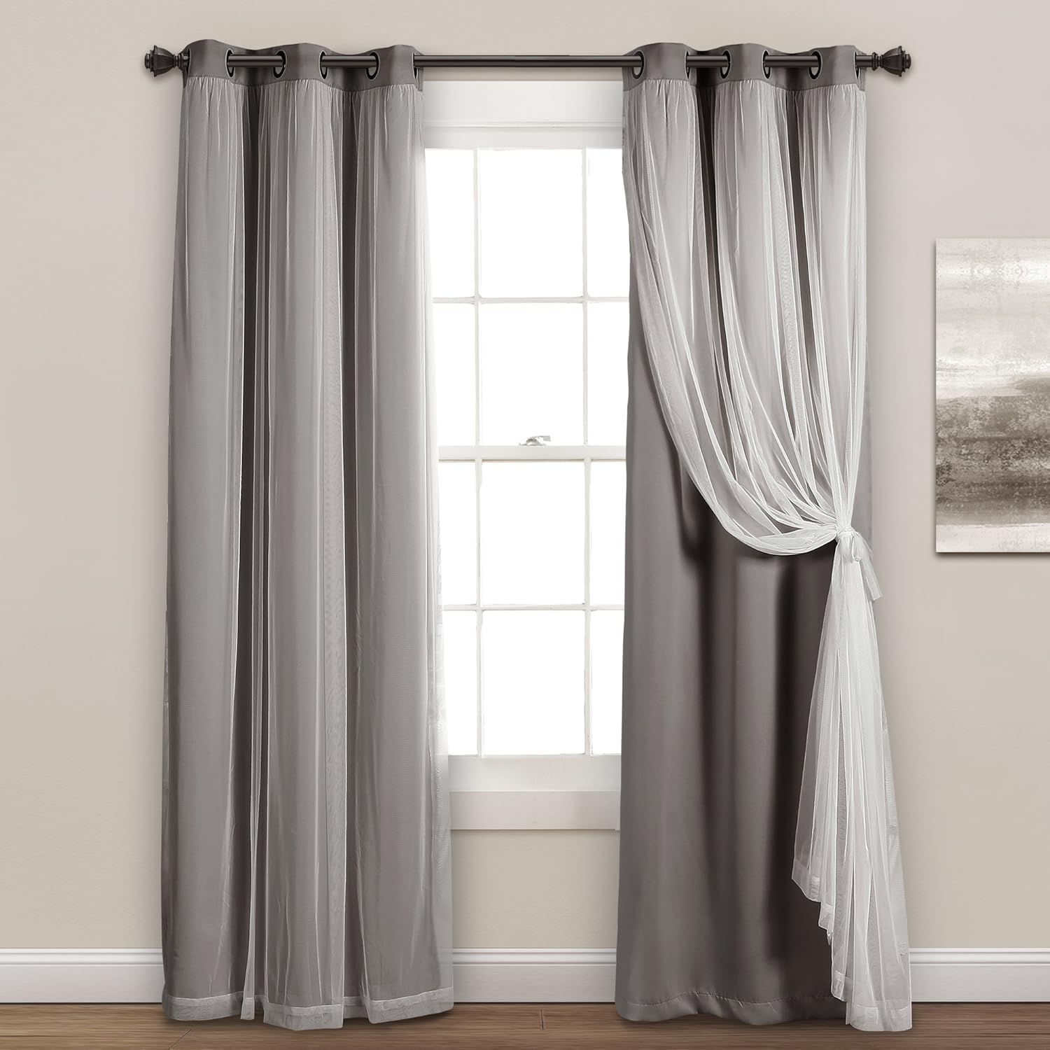 Lush Decor Sheer Grommet Curtains Panel with Insulated Blackout Lining, Room Darkening Window Curtain Set (Pair), 38" W X 84" L, Dark Gray image number 1