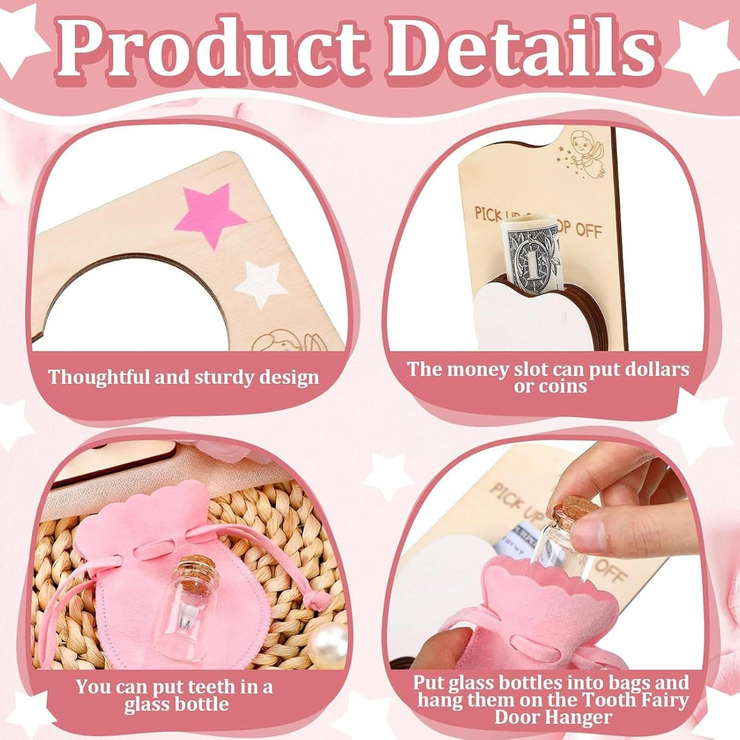Tooth Fairy Pick up and Drop Off, Tooth Fairy Door Hanger with Money Slot,Tooth Fairy Tooth Holder Bag,Tooth Holder Pouch, Velvet Pouch Tooth Fairy Box
