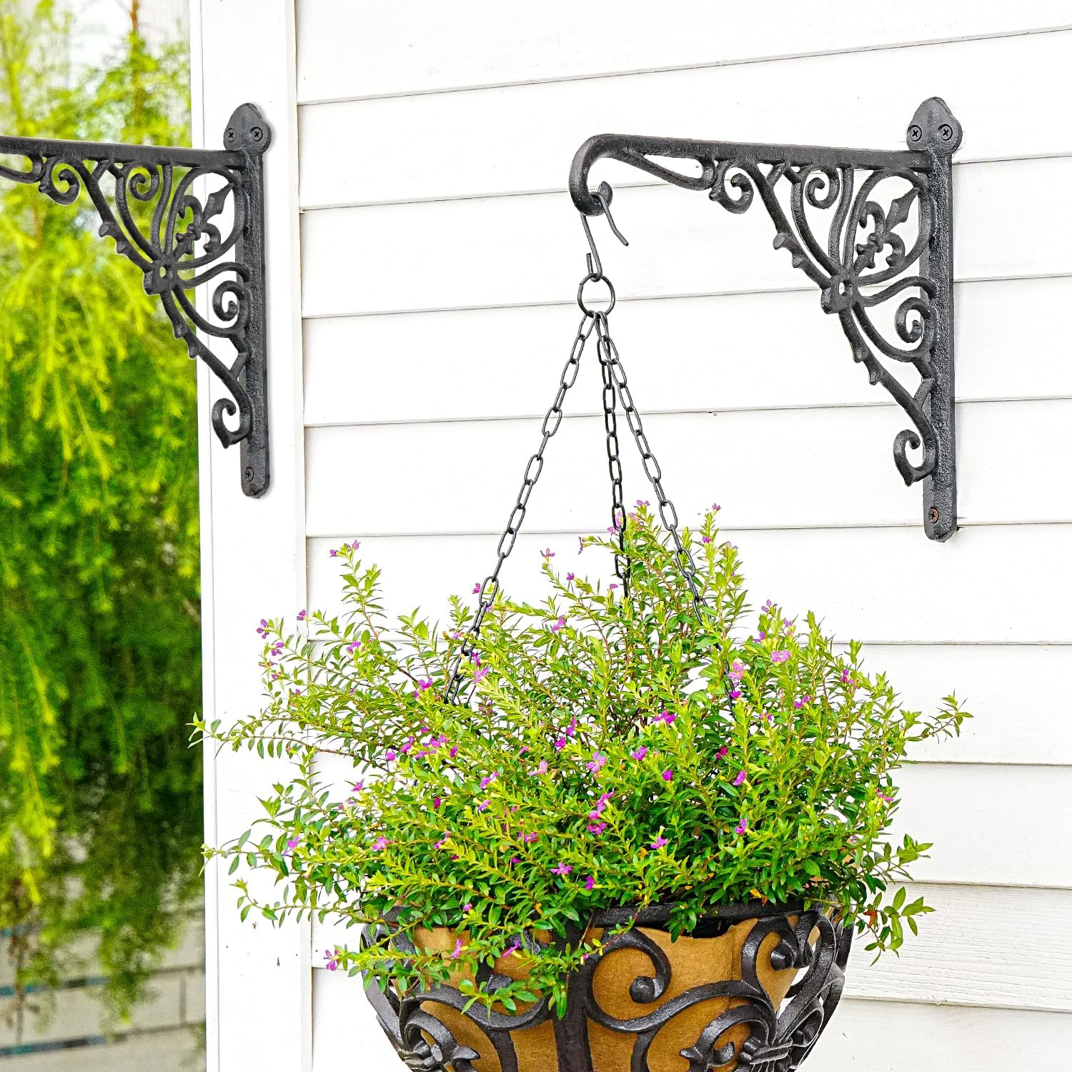 Sungmor Decorative Cast Iron Wall Bracket for Hanging Baskets &ndash; 2 Pack Heavy Duty Plant Hanger Hook for Outdoor/Indoor Use &ndash; Vintage Black Metal Hanging Bracket for Lanterns, Bird Feeders, Signs image number 6
