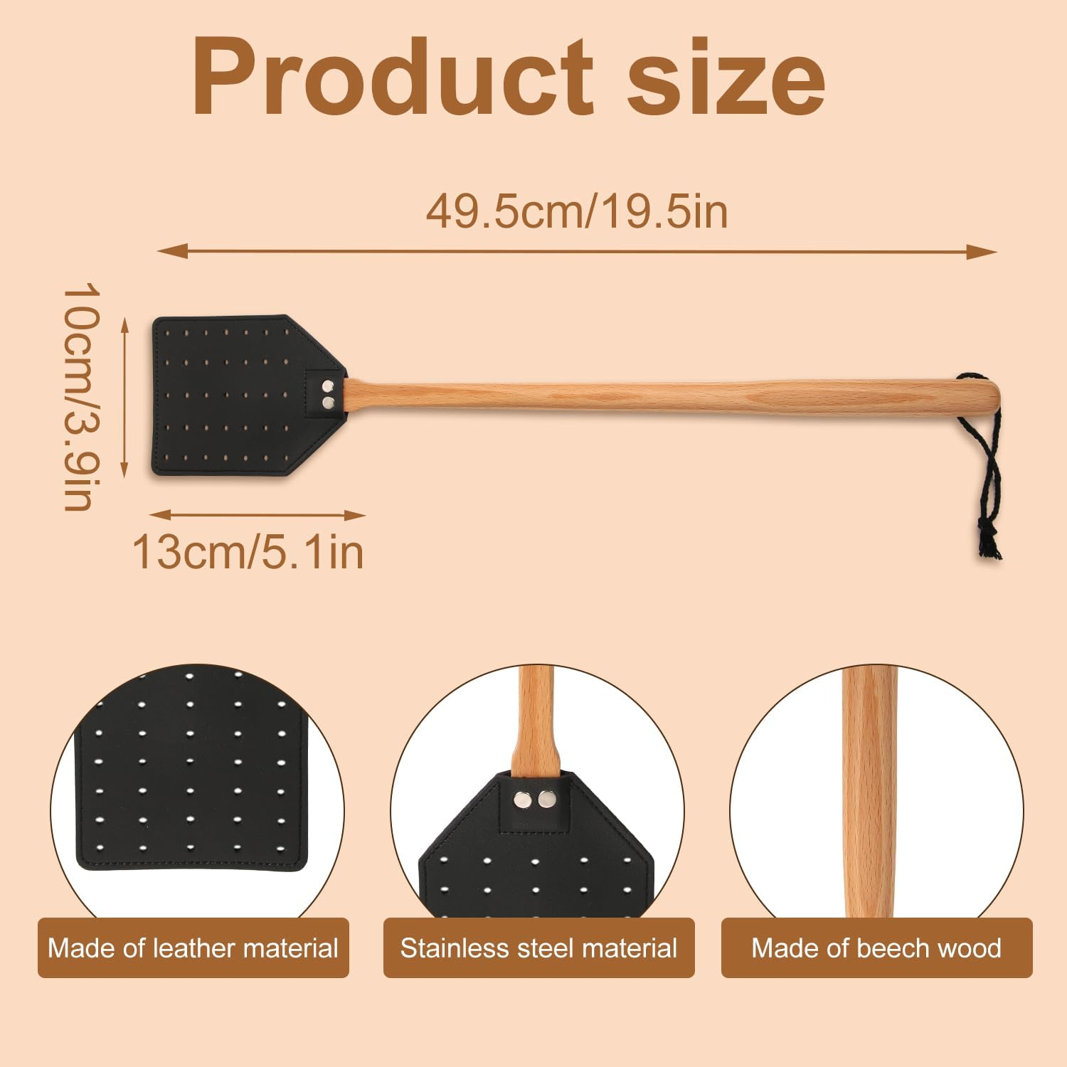 2Pcs Leather Fly Swatter, Manual Heavy Duty Fly Swatter with Long Wood Handle and Hanging Rope Durable Fly Swatter Catcher Wasp Swatter for Indoor Outdoor Home Fly image number 2