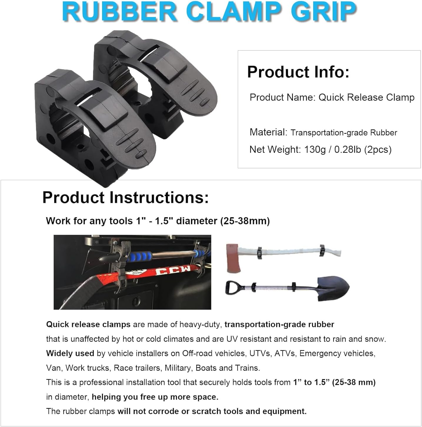 2PCS Quick-Release Shovel Holder for Truck Off-Road Tool Grip, Adjustable Rubber Clamp Mount for UTV ATV Van Trucks Boat Train