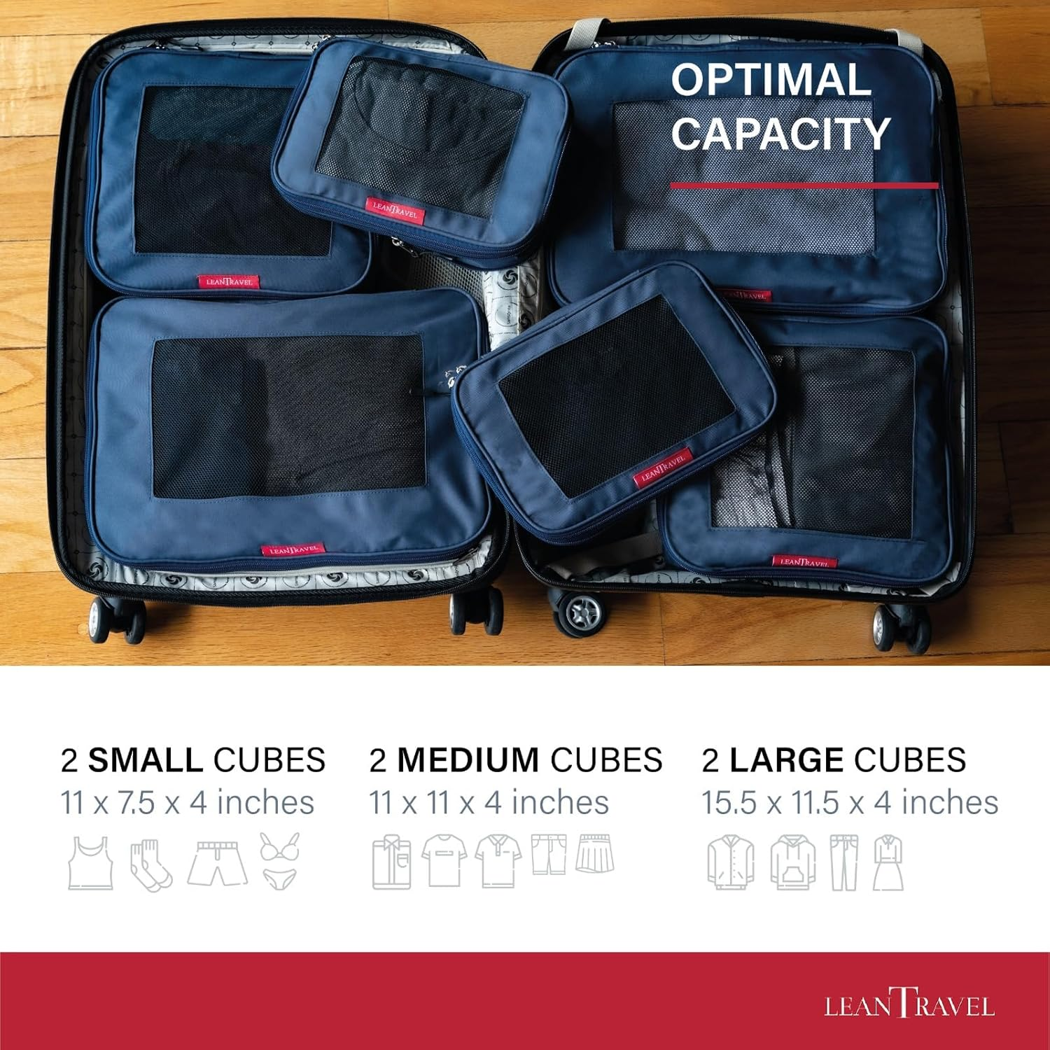 Leantravel Compression Packing Cubes for Travel Organizers with Double Zipper (6-Pack (2L+2M+2S), Navy) image number 2