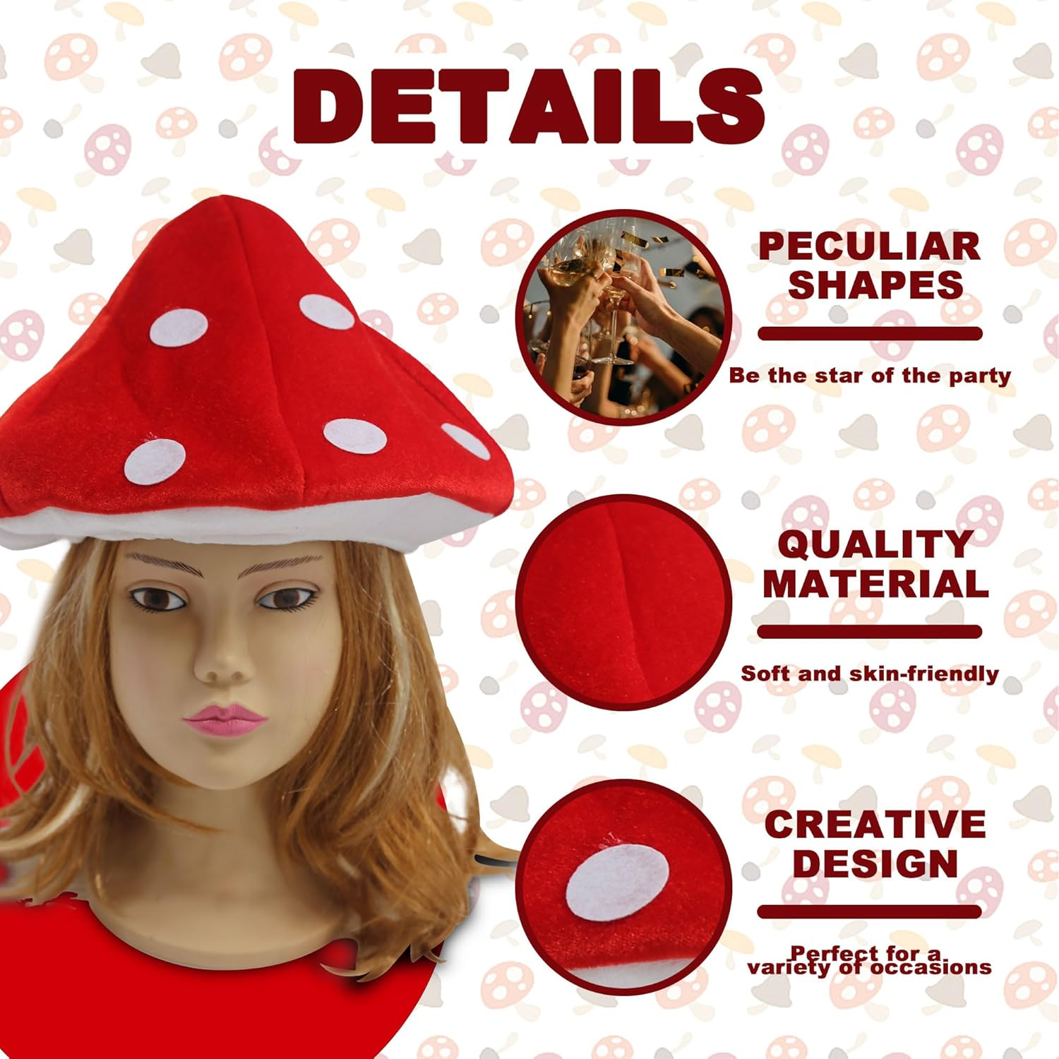 Playful Mushroom Hat. Entertaining Costume Accessoryfor All Ages. Comfortable Fit with Convenient Design. Perfect for Easter, Halloween, Christmas, Parties, and More. (Red) image number 1