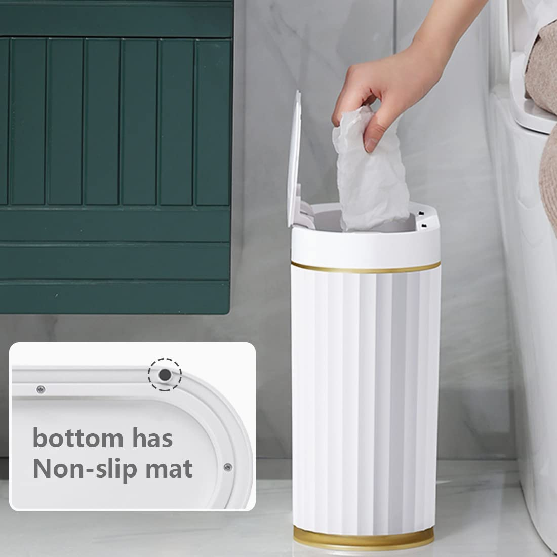 Smart Trash Bin with Lid for Bathroom, 9 Liter Slim Automatic Garbage Can, Waterproof Plastic Rubbish Bin Narrow Motion Sensor Wastebasket for Living Room, Kitchen, Office, Gold (No Battery) - Gold image number 2