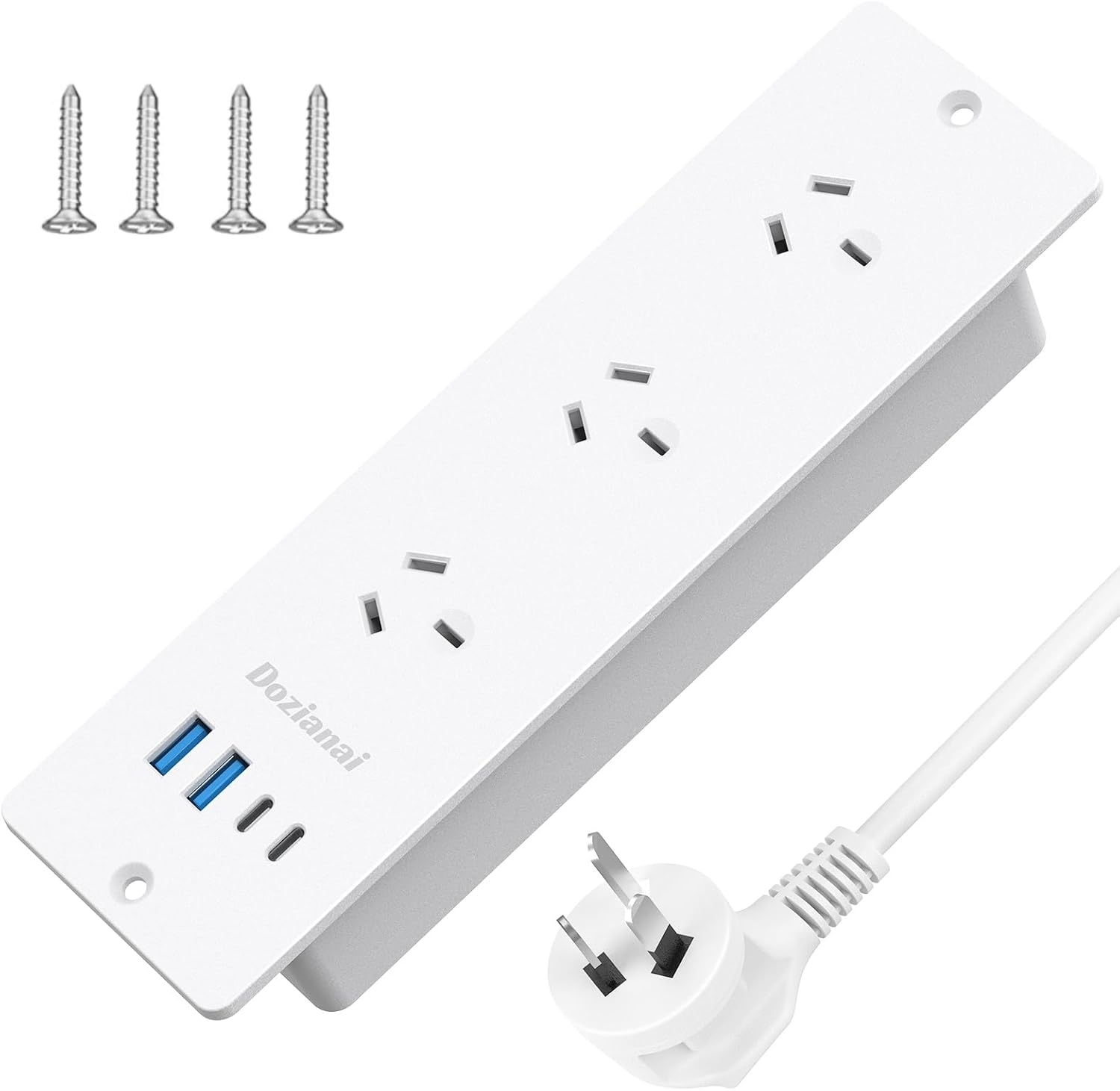 Recessed Power Board with 3 Outlets 4 USB Ports (2&times;USB-C, 2&times;USB-A), 10A/2400W, 2M Extension Cord, Space-Saving Drawer Outlet Flush Mount Power Strip for Desk, Home Office (White)