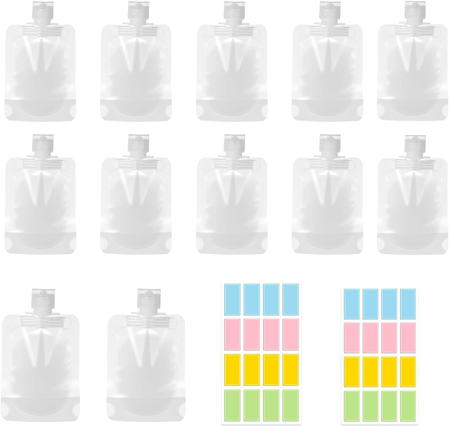 Travel Pouch for Toiletries,12 PCS Refillable Travel Toiletries Pouches,Clear Leakproof Toiletry Bags with Write-On Labels, Portable Travel Bottles for Liquids Makeup,Shampoo,Conditioner,Lotion(100Ml)