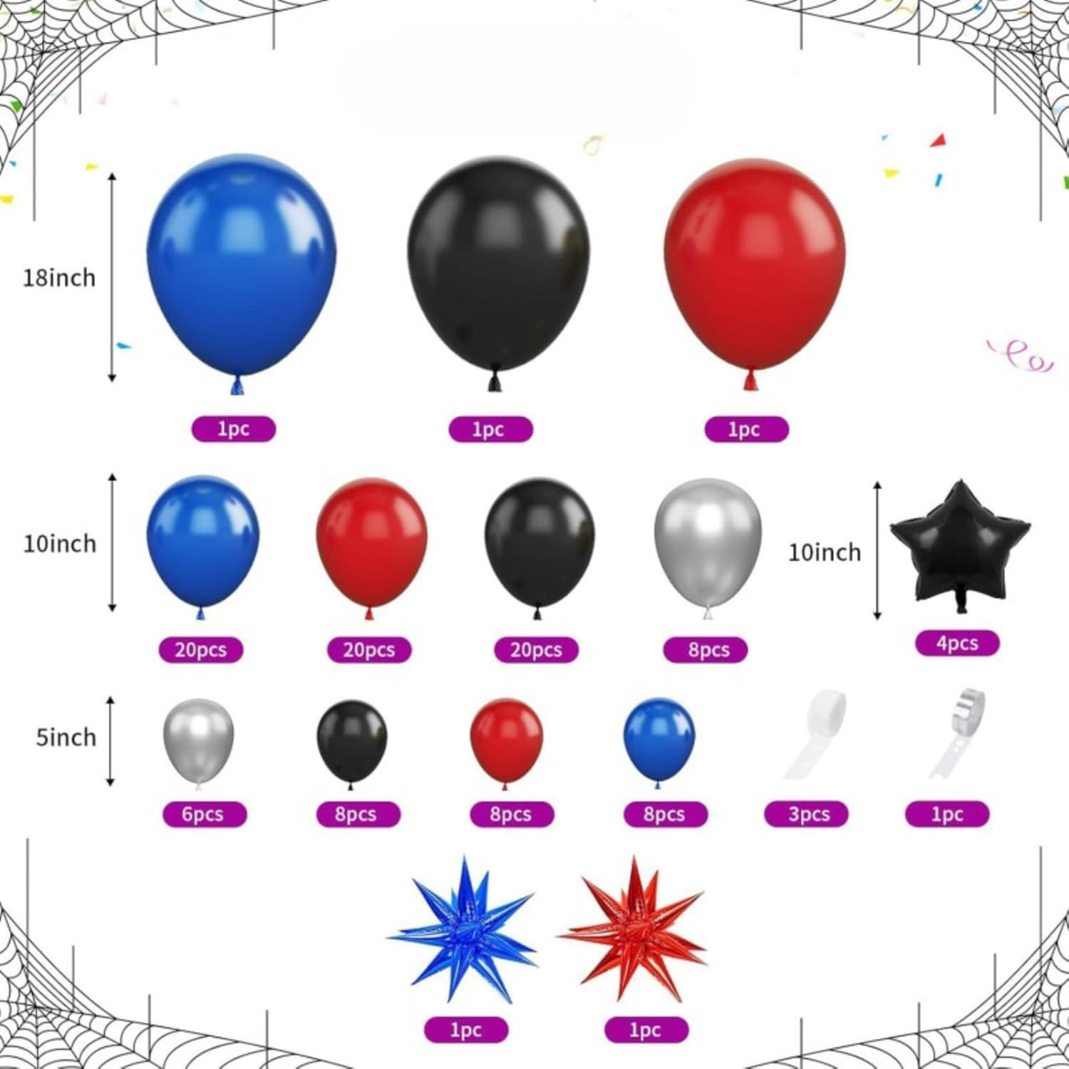 107PCS Blue Red Black Balloon Garland Arch Kit with Large Explosion Star Foil Balloons for Spider Comics Theme Boy Birthday Party Man Superhero Inspired Decorations (A)