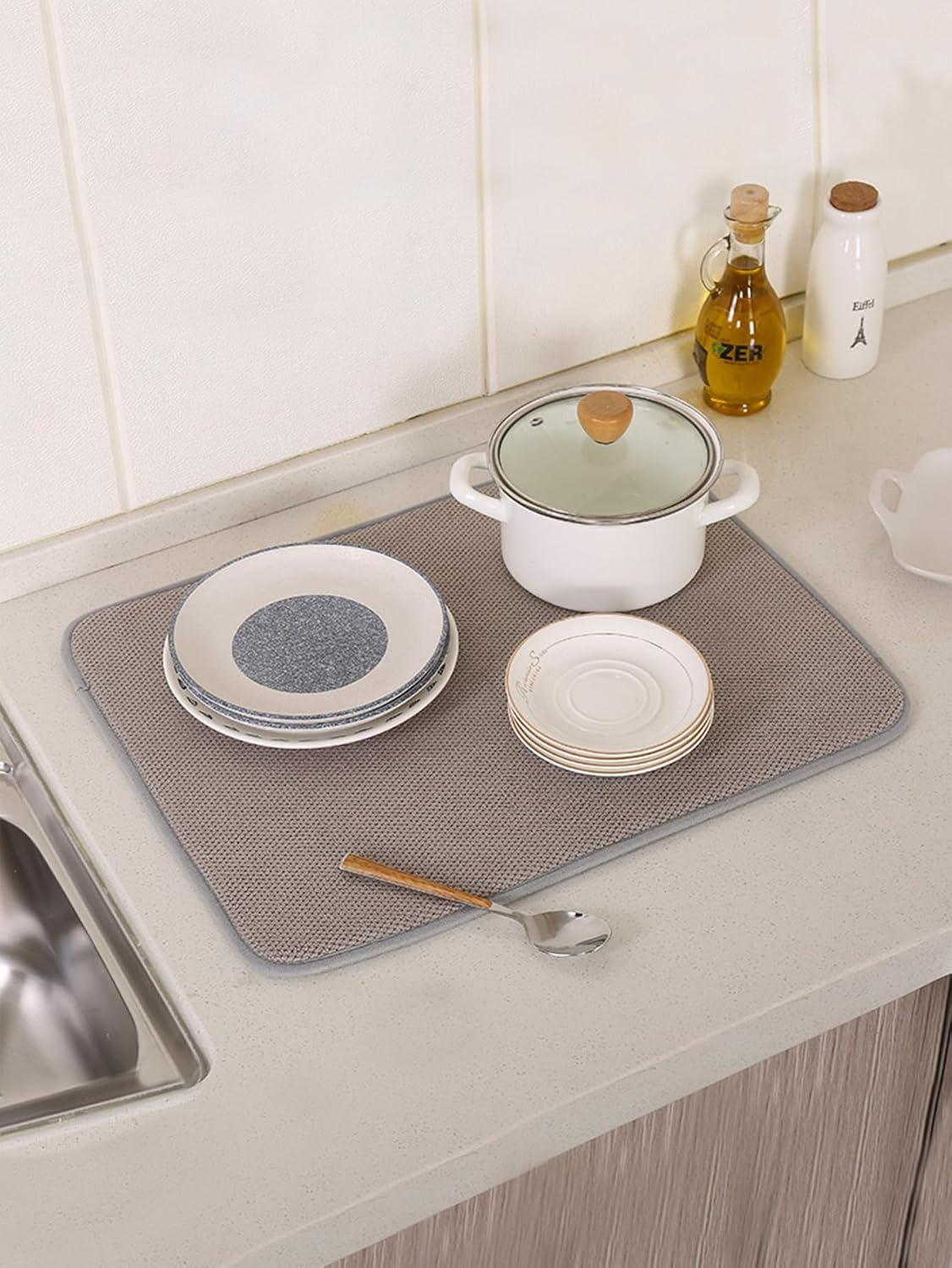 2 Pack Dish Drying Mat,Absorbent Microfiber Dishes Drainer Mats for Kitchen Counter Large Size 38*50CM, Dish Drying Pad(Grey/Blue) image number 3