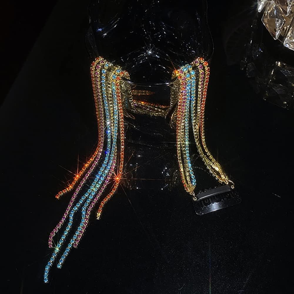 2Pcs Bling Bling Rhinestones Head Chain Hairpin Hair Clip Headdress Jewelry Luxury Long Tassel Bride Ornaments Girls Hair Accessories (Colorful Six Rows) image number 1