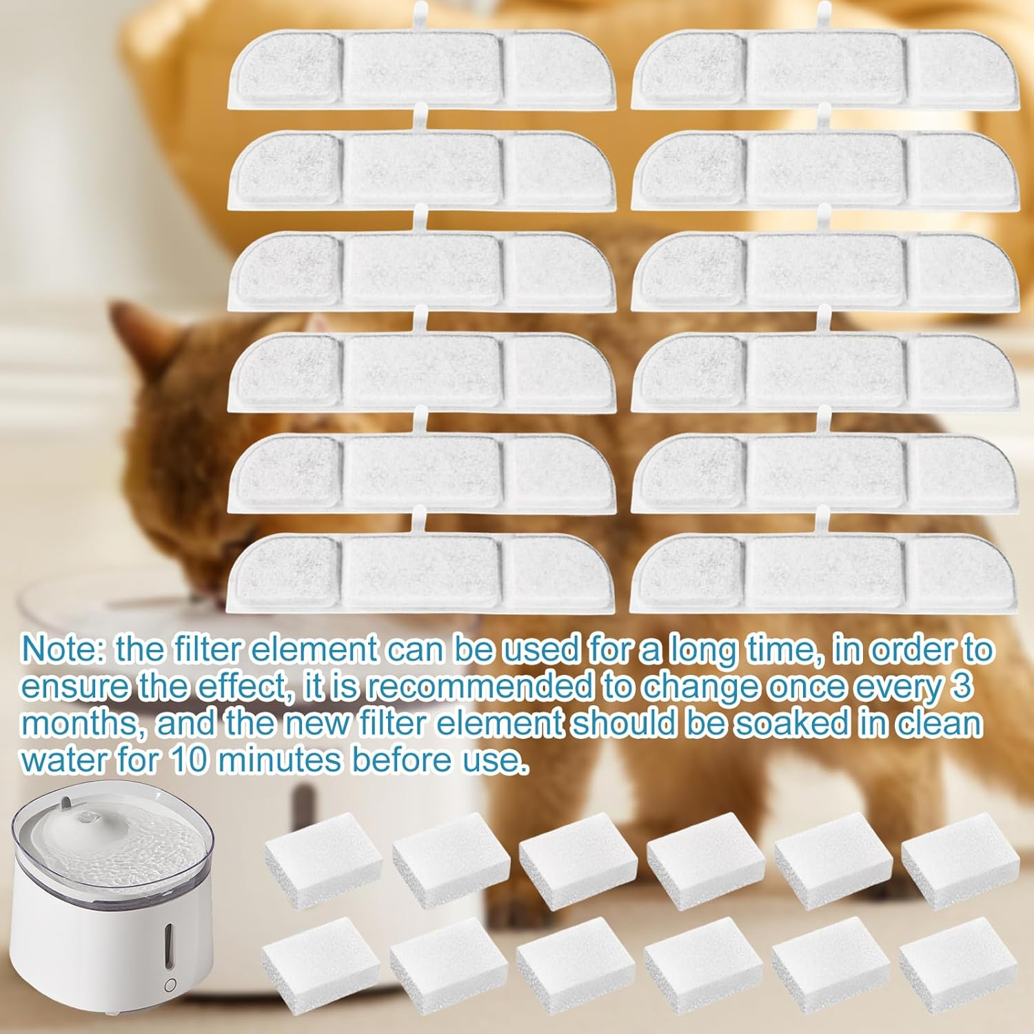 Pack of 12 Cat Fountain Filters for Drinking Fountains, Replacement Filters 12 Pieces Carbon Filters and 12 Pieces Foam Filter, Activated Carbon Filter Drinking Fountain Replacement Carbon Filter