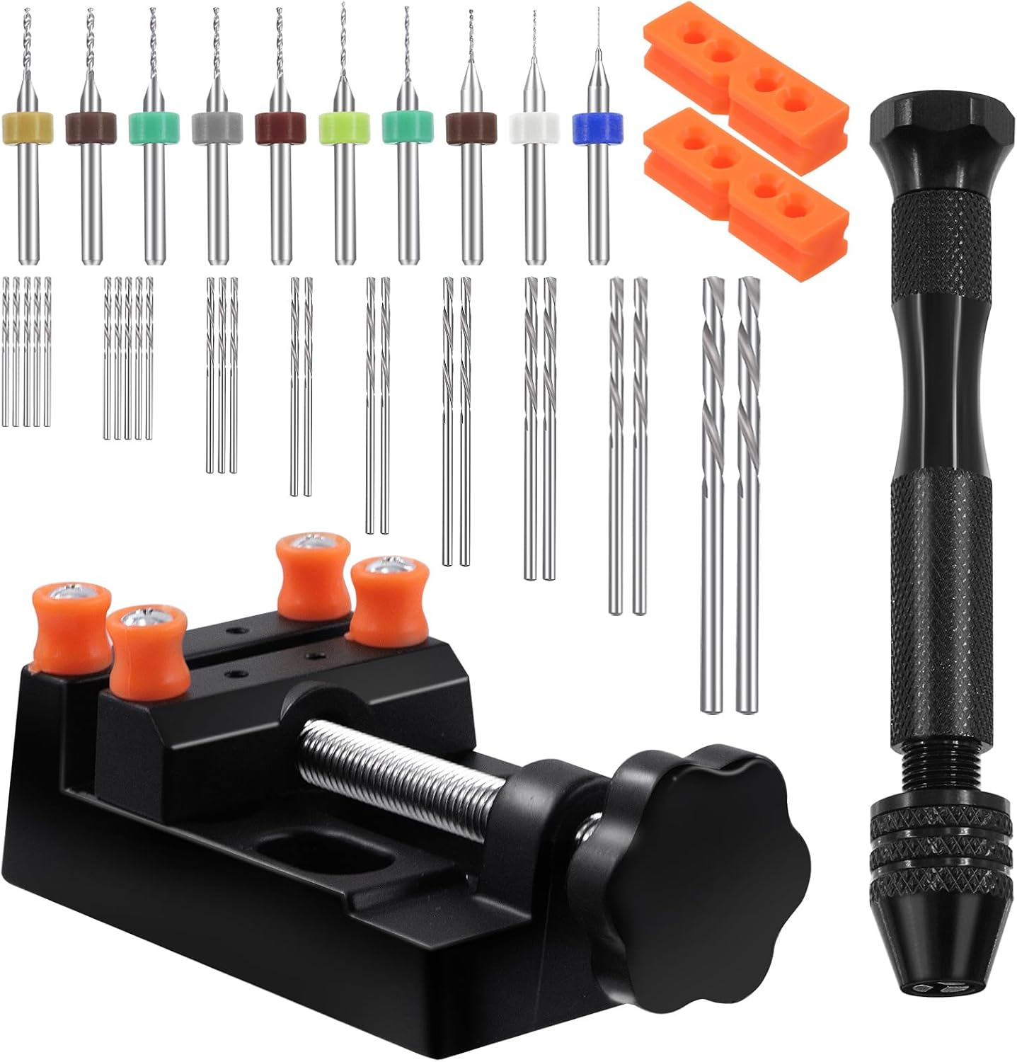 Swpeet 47 Pieces Hand Drill Bits Set Include Mini Bench Vice with Clamps, Pin Vise Hand Drill, Twist Drills and Mini Drills Assortment Kit, Woodworking Hand Bits Set for DIY (0.3-1.2Mm Color Bits)
