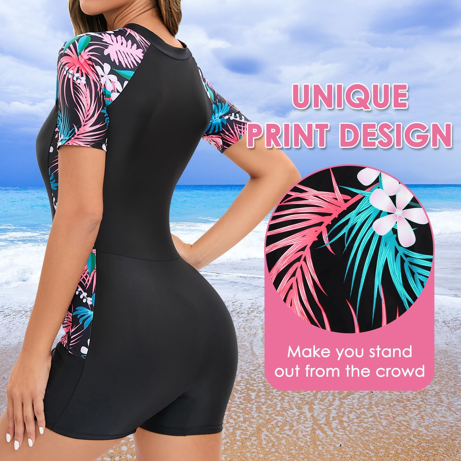 WOTOW Women'S One Piece Swimsuits, Rash Guard Short Sleeves Zipper Bathing Suit, Sports Surfing Swimwear for Women image number 4