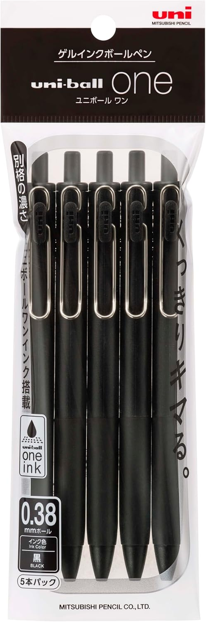 Mitsubishi Pencil UMNS055PBK.24 Uni-Ball One Gel Ballpoint Pen 0.5 Black Shaft 5 Pack