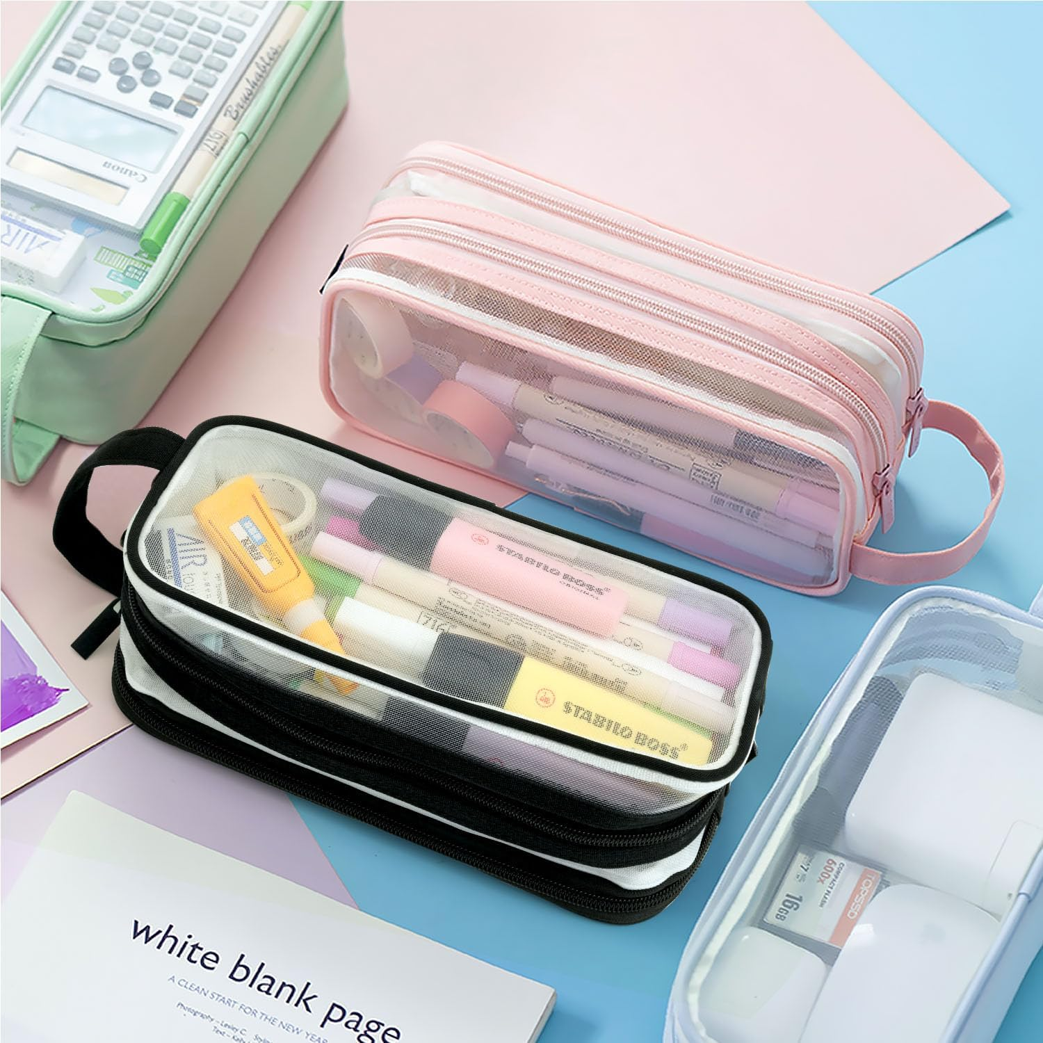 Large Grid Mesh Pencil Case 2 Compartments, Clear Pen Pencil Pouch with Zipper, Multifunction Transparent Stationery Bag for Student College Office Teen Boys Girls Makeup Bag for Adult Travel ( image number 3