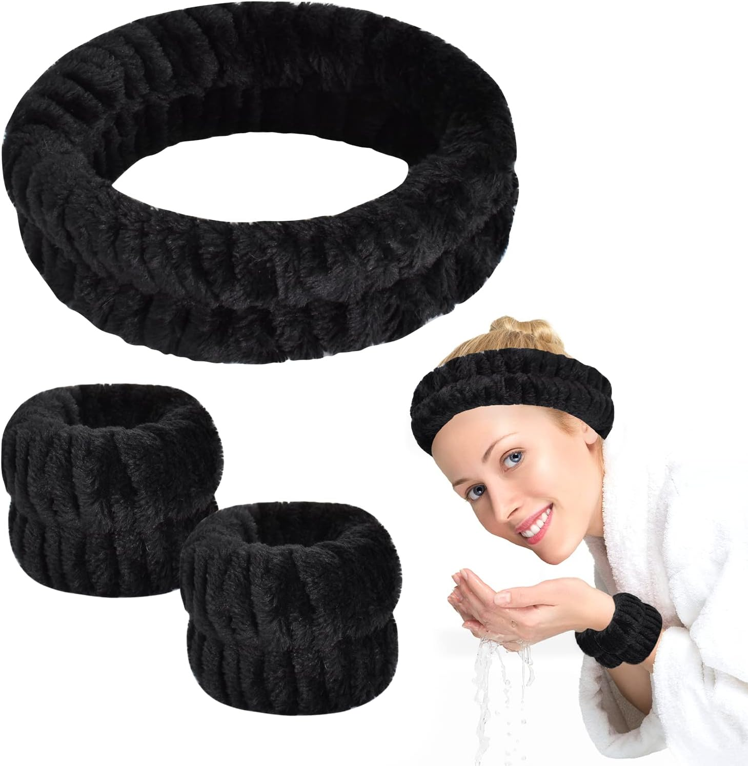Spa Headband Wrist Washband Face Wash Set, Wristbands Hair Headband, Include 1 Microfiber Headband,2 Wrist Washband, for Women Girls,Avoid Liquid from Spilling down Your Arms (Black) image number 2