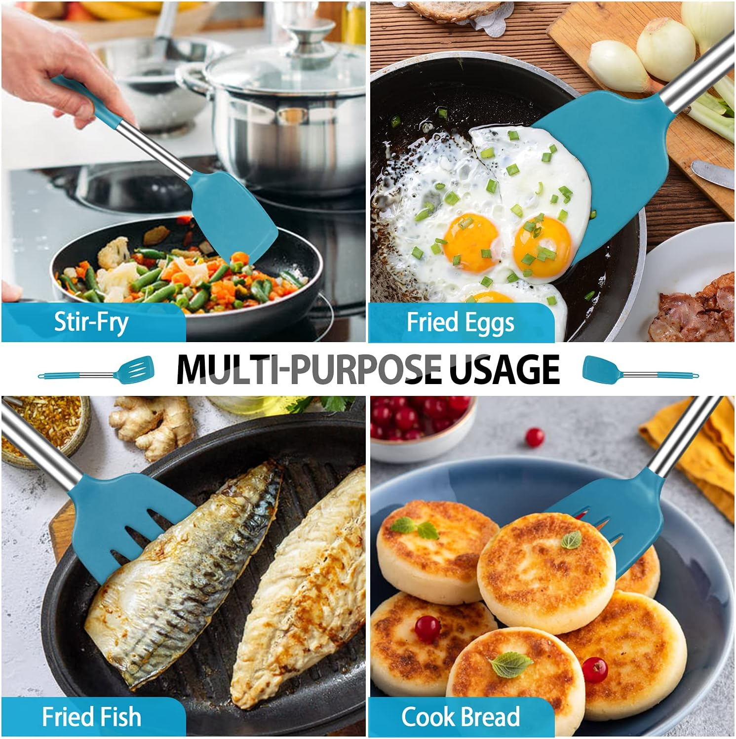 Pack of 4 Large Silicone Cooking Spatulas and Spoons, Slotted and Solid Stainless Steel Cooking Utensils Set, Non-Stick Heat Resistant Kitchen for Baking, Fried, Stir-Fry, Mixing, Serving (Blue) image number 2