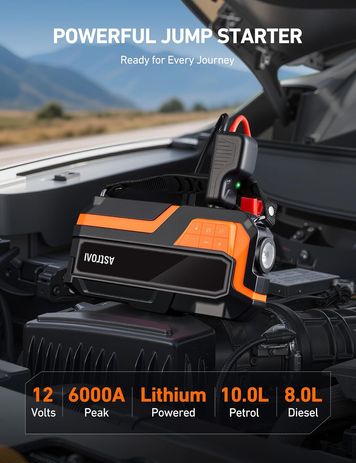 Astroai 6000A and 150PSI Car Battery Booster Jump Starter Tyre Inflator, Jump Starter Power Pack with Air Compressor, for 12V Vehicles (10L Petrol/8L Diesel), Intuitive LED Screen, Full Accessory Kit image number 2