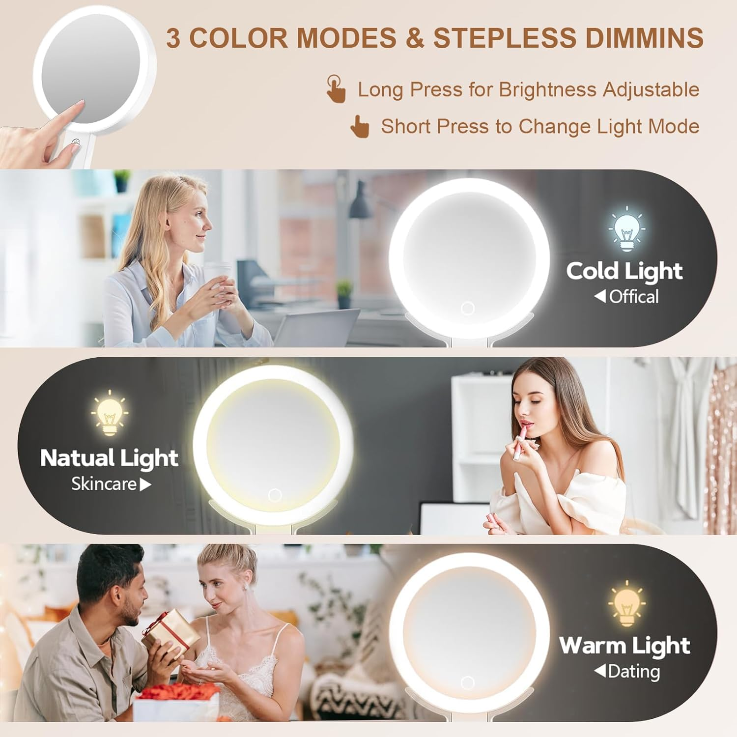 UOEPOWA 20X Magnifying Makeup Mirror, Mirror with 3 Modes Light and Adjustable Brightness, Hanging and Handheld Mirror, Portable Travel Makeup Mirror, 1X20X Double Sided Vanity Mirrors for Women image number 5