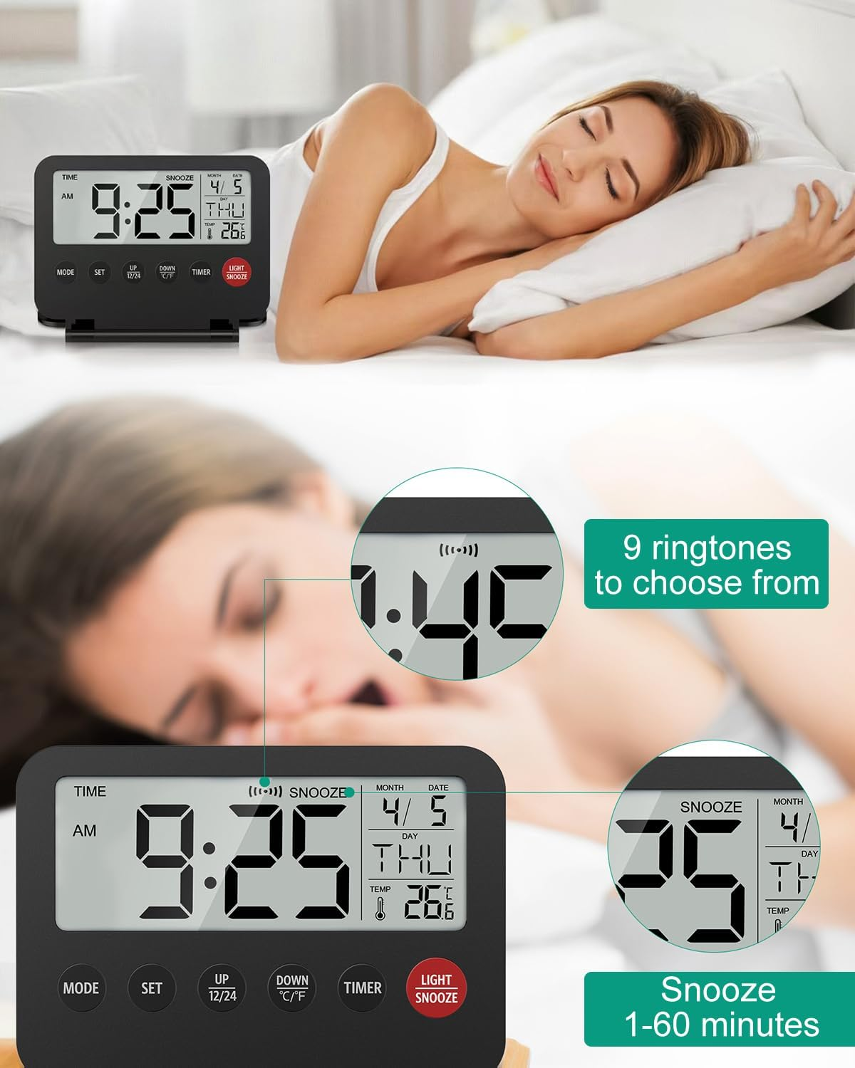 ORIA Digital Travel Alarm Clock, Small Foldable Alarm Clock, Battery Operated LCD Desk Clock, Simple Operation Calendar Clock with Backlight, Date, Temp, Snooze, for Home, Office,Travel image number 5