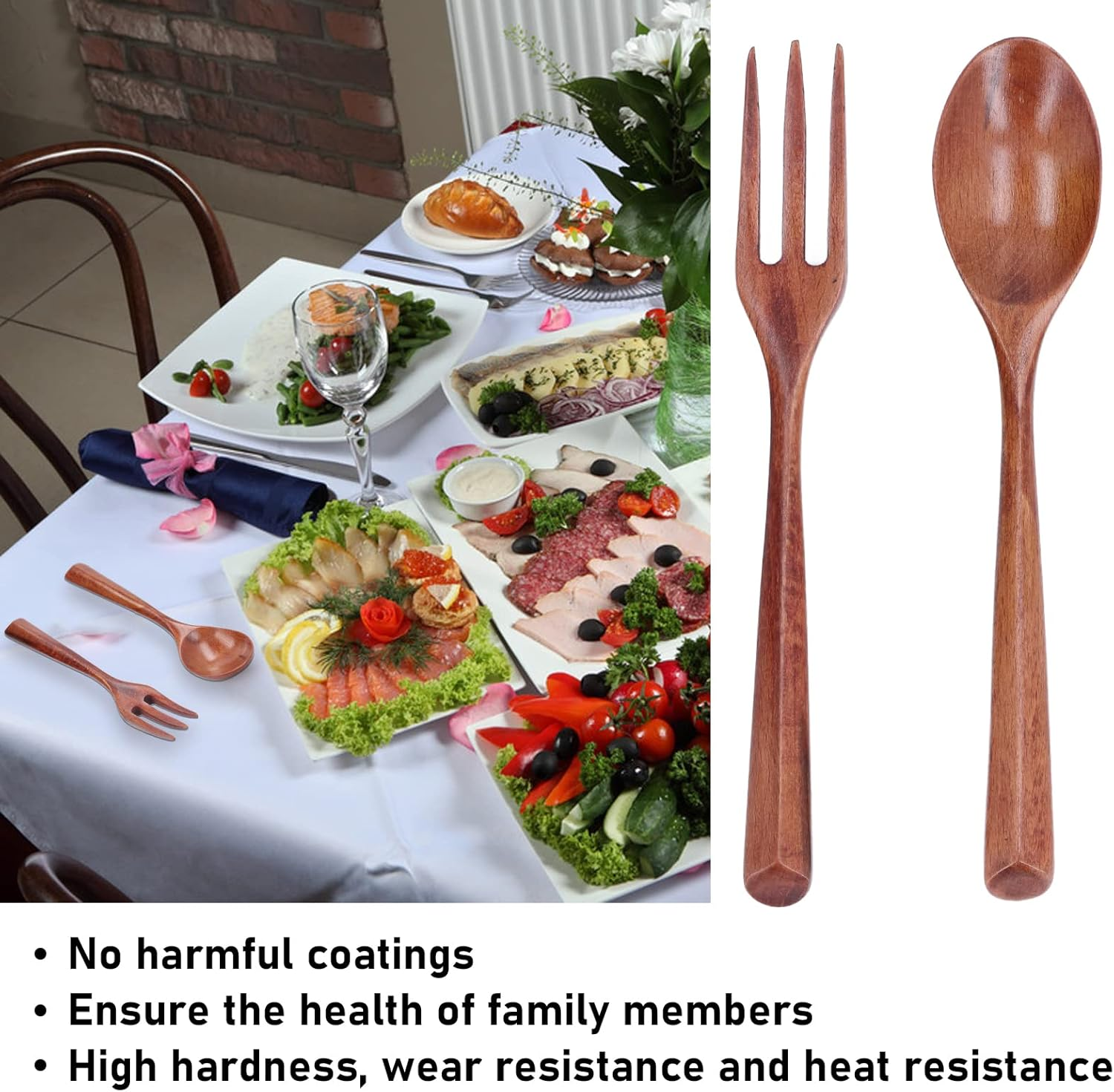 Baxnore 2PCS Wooden Fork Spoon Set, Heat Resistant Wooden Fork Spoon, Scratch Resistant Wooden Flatware, Wood Kitchen Utensil for Cooking image number 6