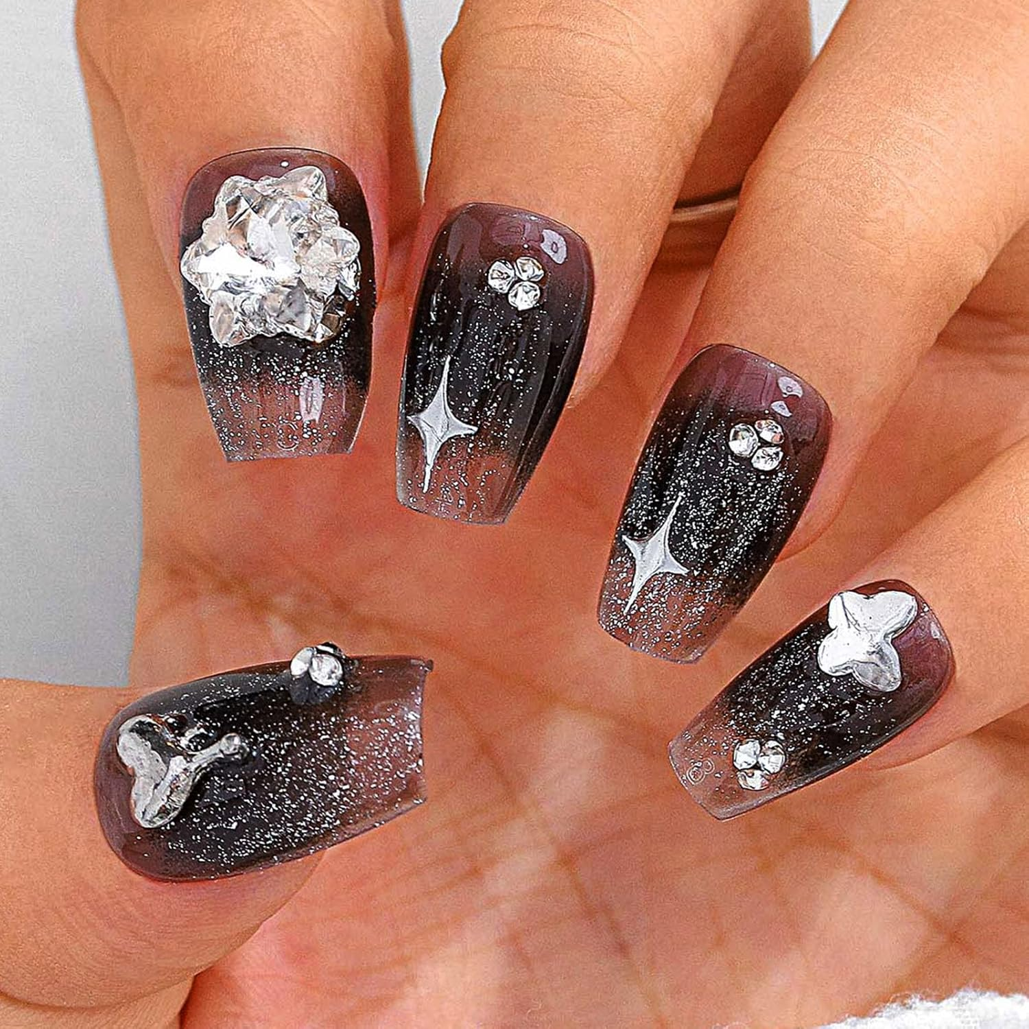 Sethexy Black Gradient Rhinestone Handmade Artificial Nail 3D Crystal Medium Coffin False Nails Sparkle Shiny Press on the Nail Salon Quality for Women and Girls (G) image number 4