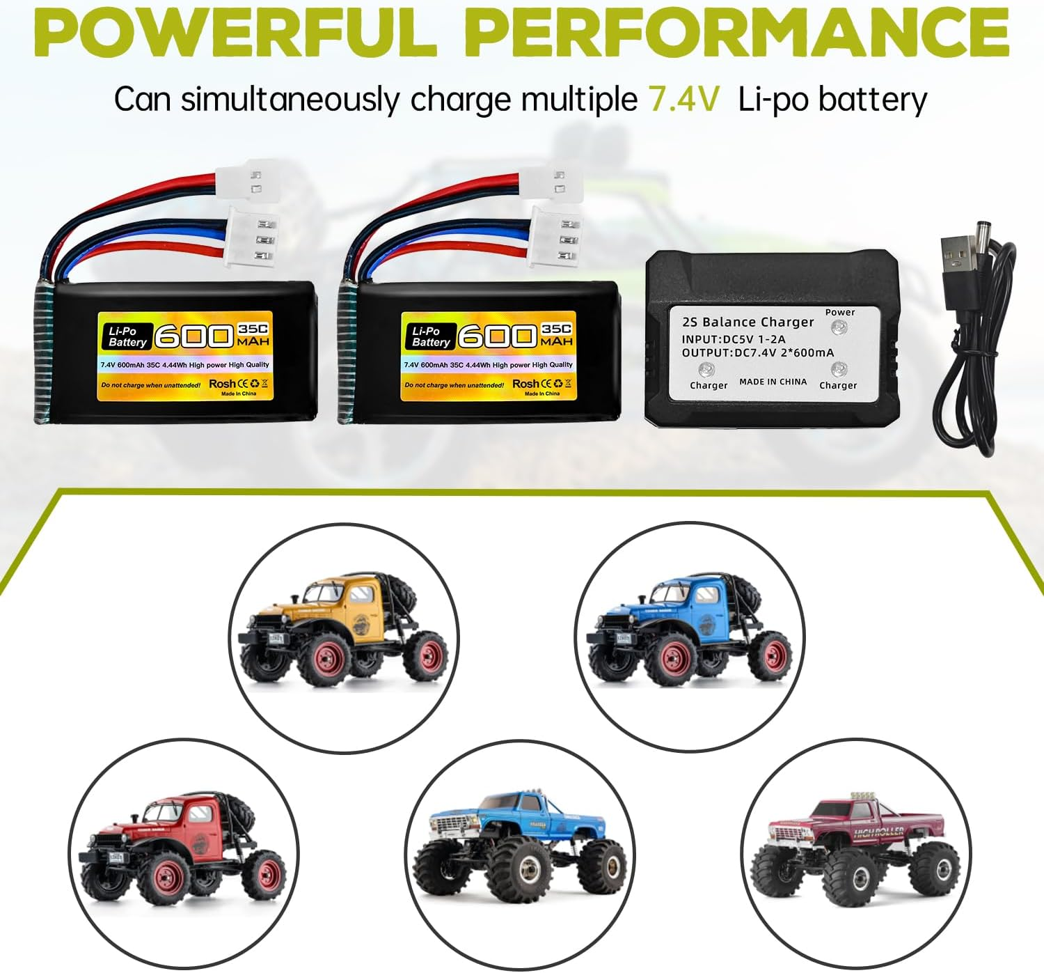 Fytoo 2PC 7.4V 600Mah 35C 2S Lipo Battery with Molex Plug and 1Trailer2 Charger Suitable for FMS FCX24 RC Cars, Trucks, Remote Control Electric Climbing Vehicles FCX24 Batteries